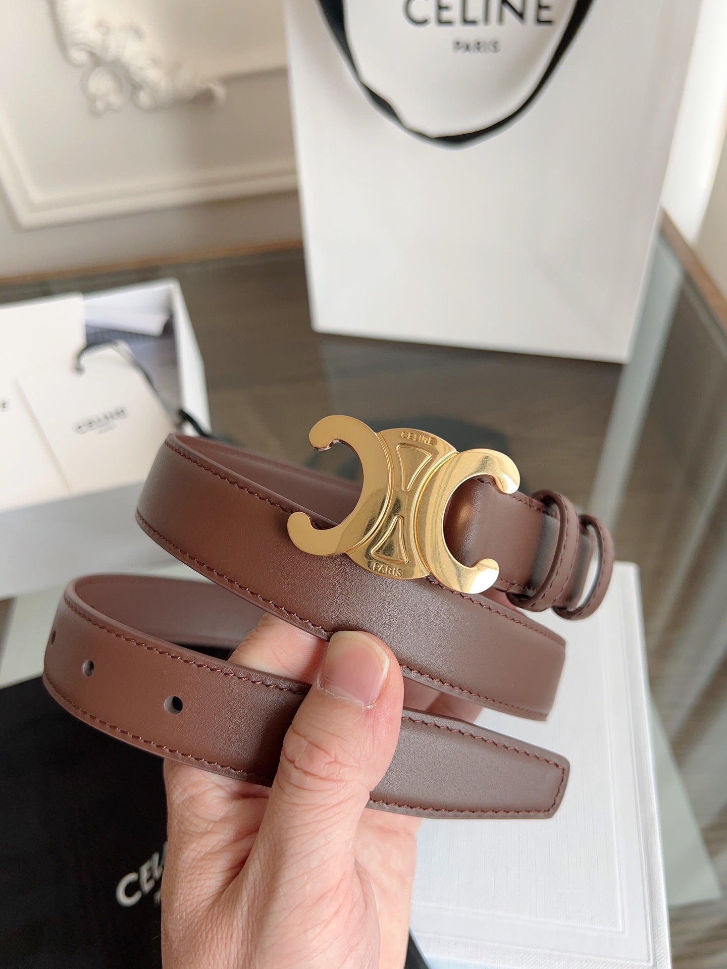 CELINE TRIOMPHE BELT 24MM IN BROWN CALFSKIN WITH GOLD BUCKLE