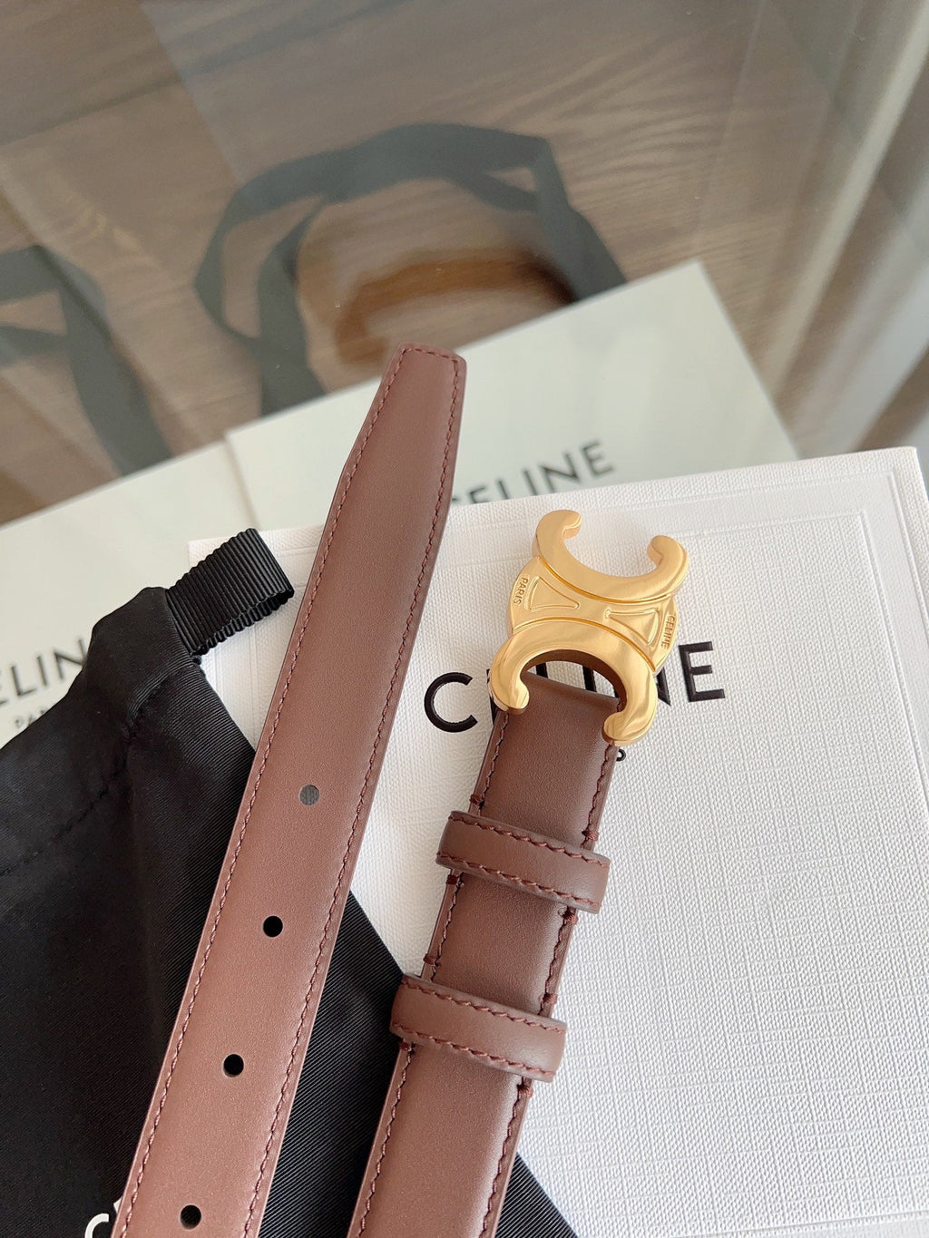 CELINE TRIOMPHE BELT 24MM IN BROWN CALFSKIN WITH GOLD BUCKLE