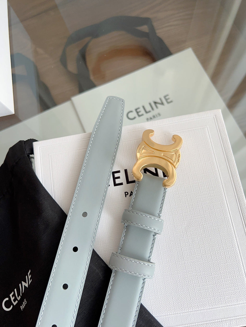 CELINE TRIOMPHE BELT 24MM IN ASH GRAY CALFSKIN WITH GOLD BUCKLE
