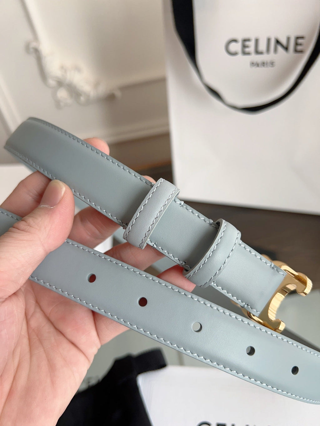 CELINE TRIOMPHE BELT 24MM IN ASH GRAY CALFSKIN WITH GOLD BUCKLE