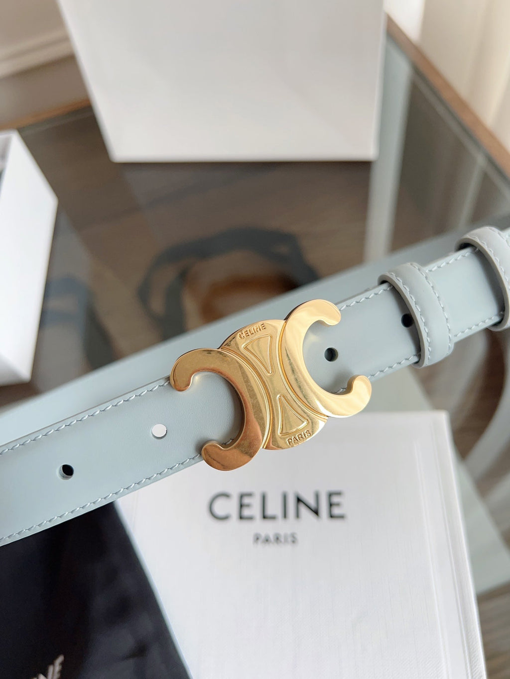 CELINE TRIOMPHE BELT 24MM IN ASH GRAY CALFSKIN WITH GOLD BUCKLE