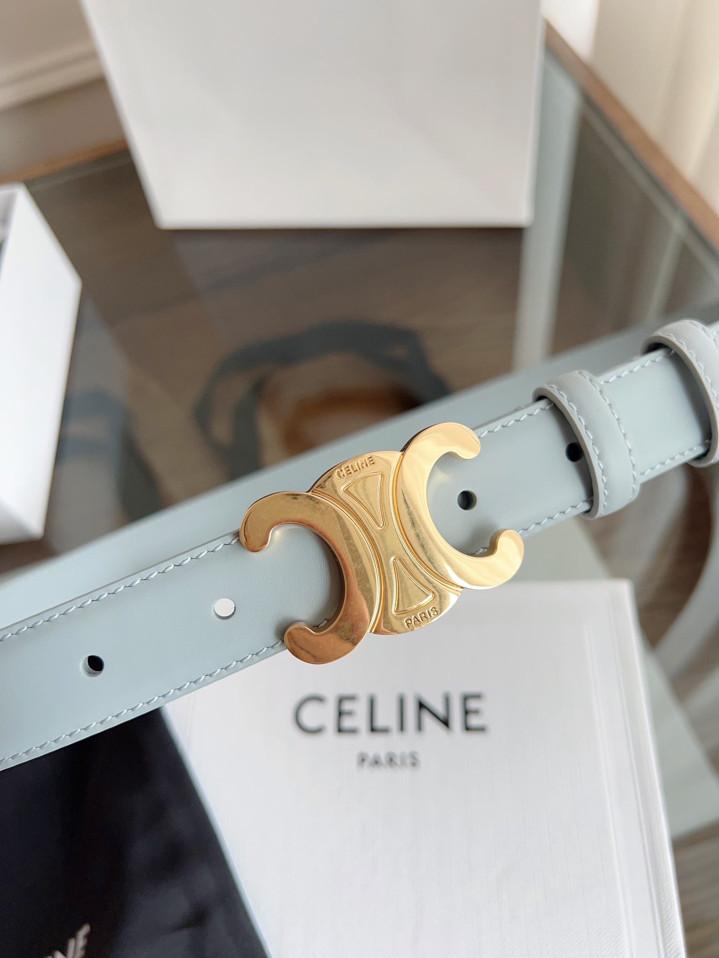 CELINE TRIOMPHE BELT 24MM IN ASH GRAY CALFSKIN WITH GOLD BUCKLE
