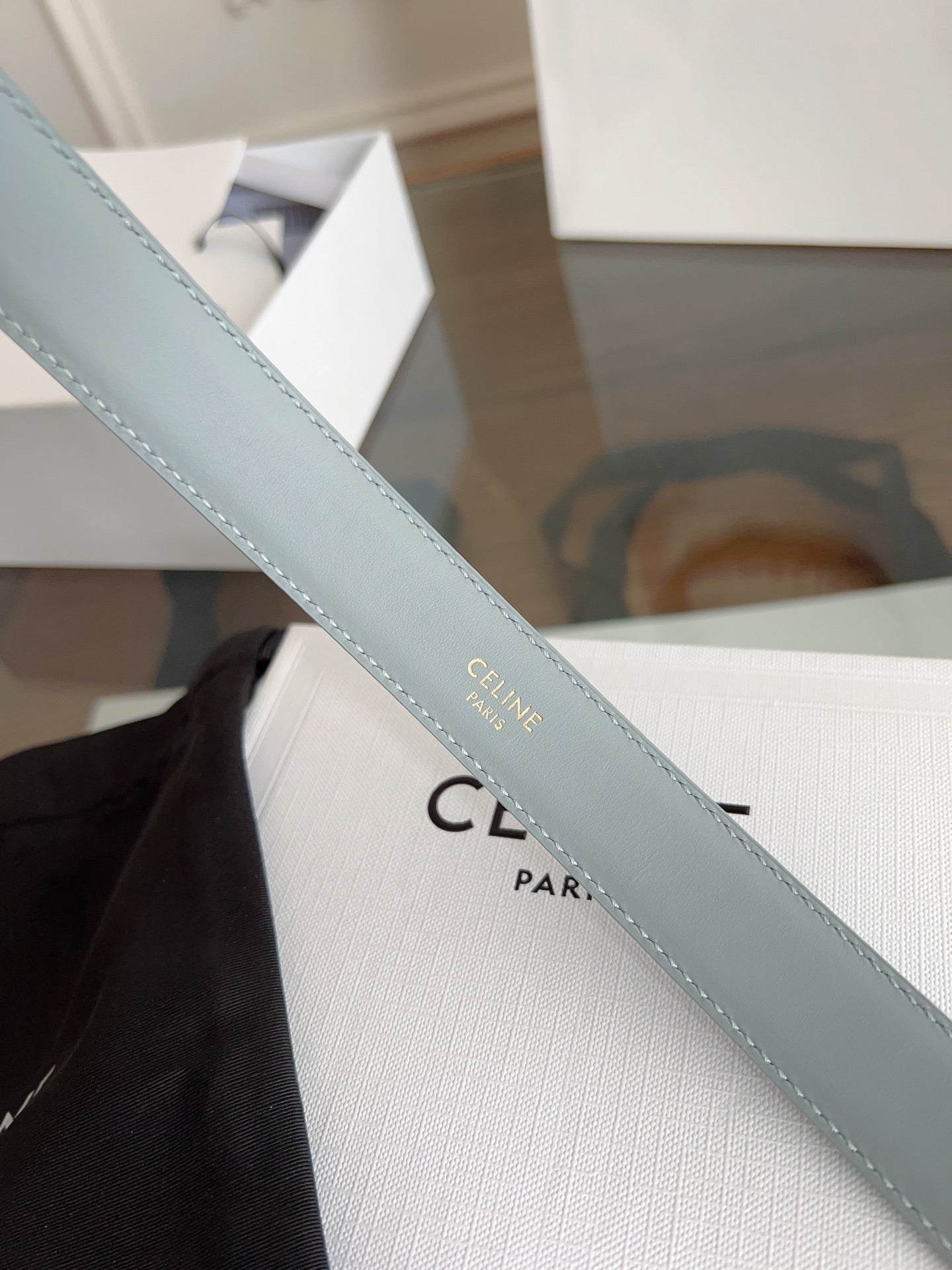 CELINE TRIOMPHE BELT 24MM IN ASH GRAY CALFSKIN WITH GOLD BUCKLE
