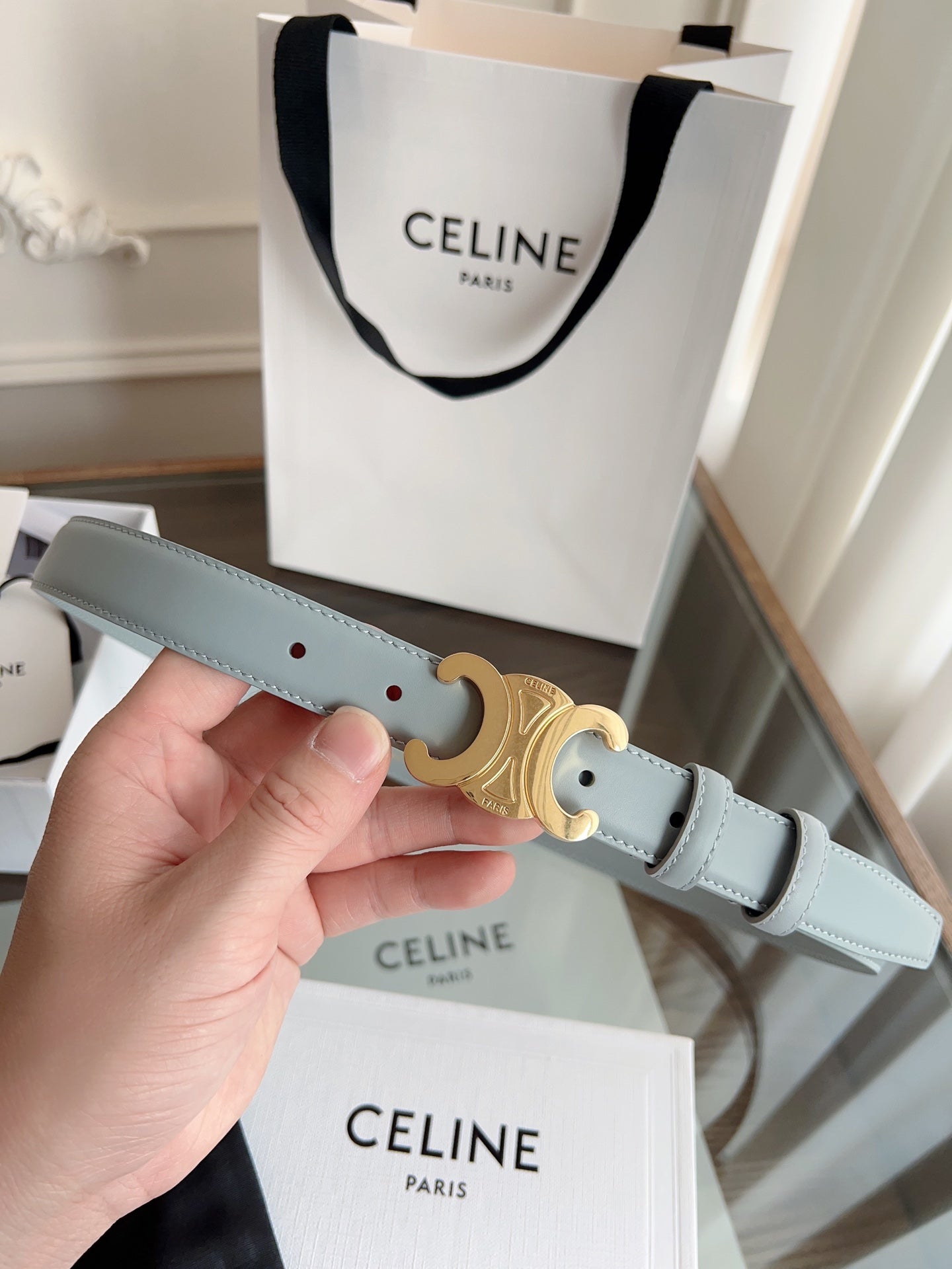 CELINE TRIOMPHE BELT 24MM IN ASH GRAY CALFSKIN WITH GOLD BUCKLE