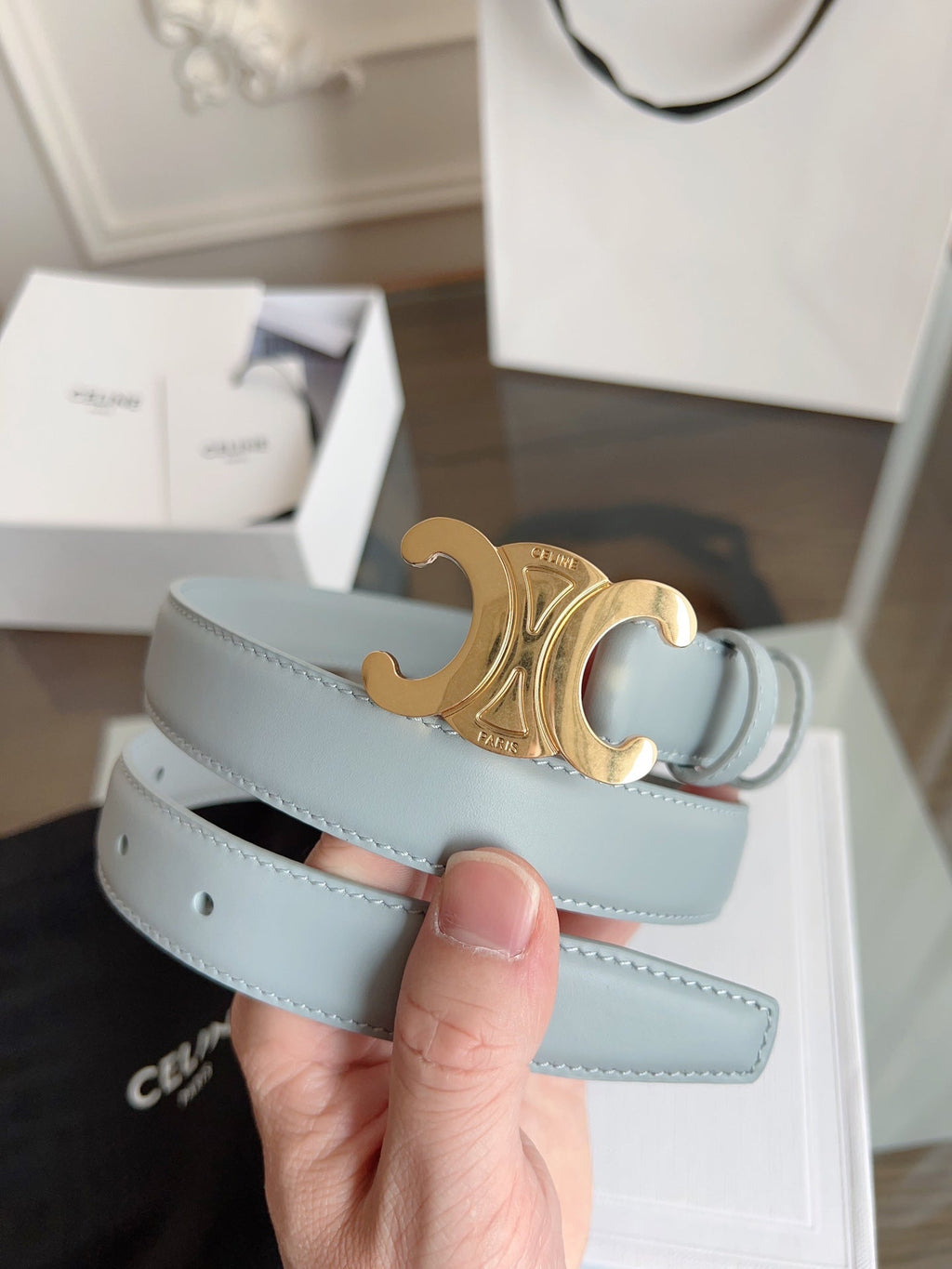 CELINE TRIOMPHE BELT 24MM IN ASH GRAY CALFSKIN WITH GOLD BUCKLE