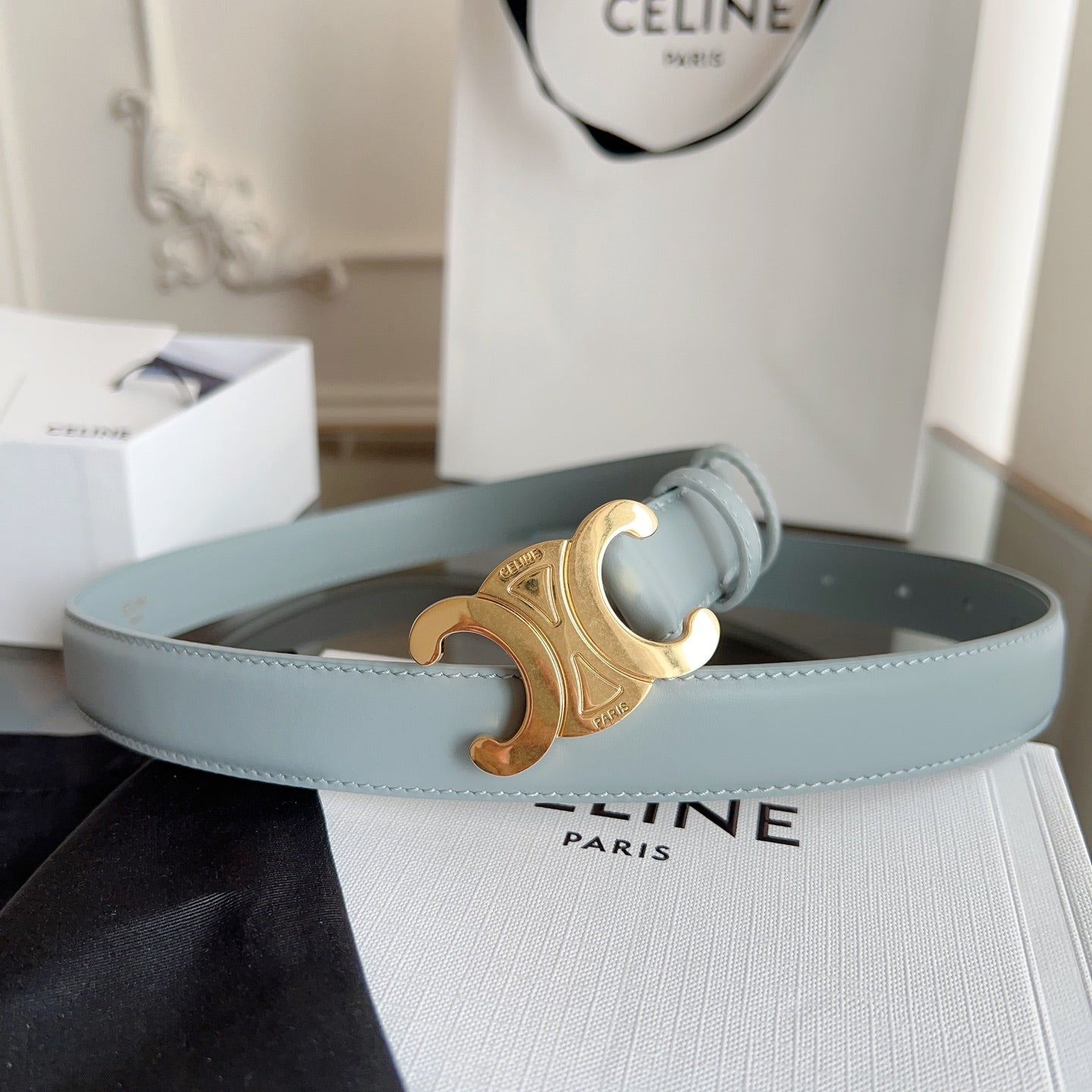 CELINE TRIOMPHE BELT 24MM IN ASH GRAY CALFSKIN WITH GOLD BUCKLE