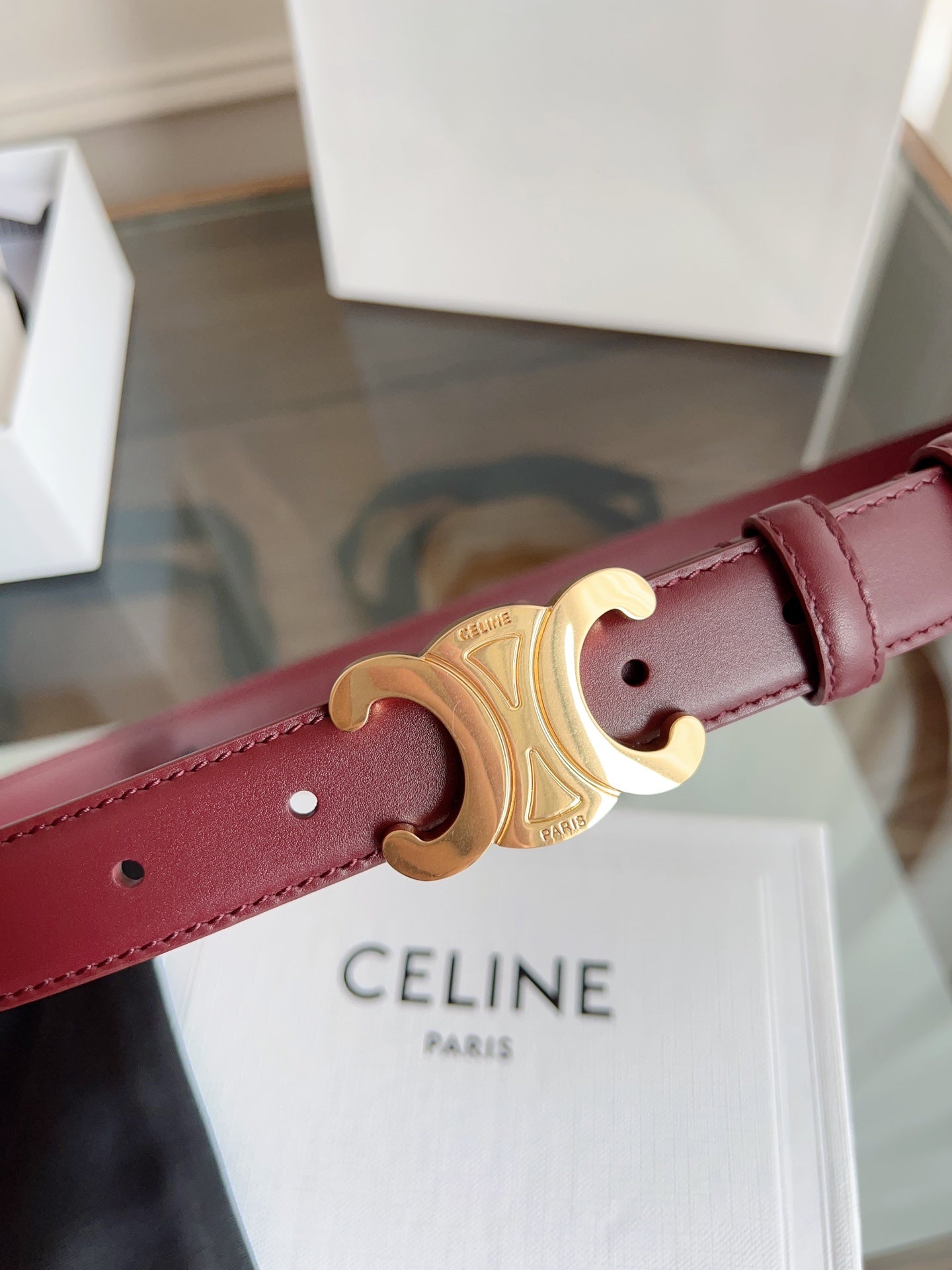 CELINE TRIOMPHE BELT 24MM IN WINE RED CALFSKIN WITH GOLD BUCKLE