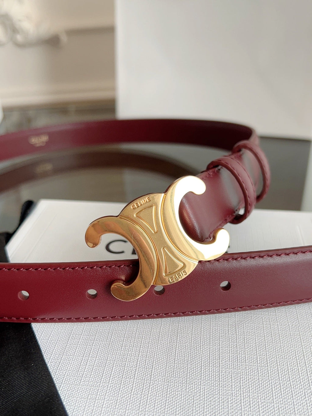 CELINE TRIOMPHE BELT 24MM IN WINE RED CALFSKIN WITH GOLD BUCKLE
