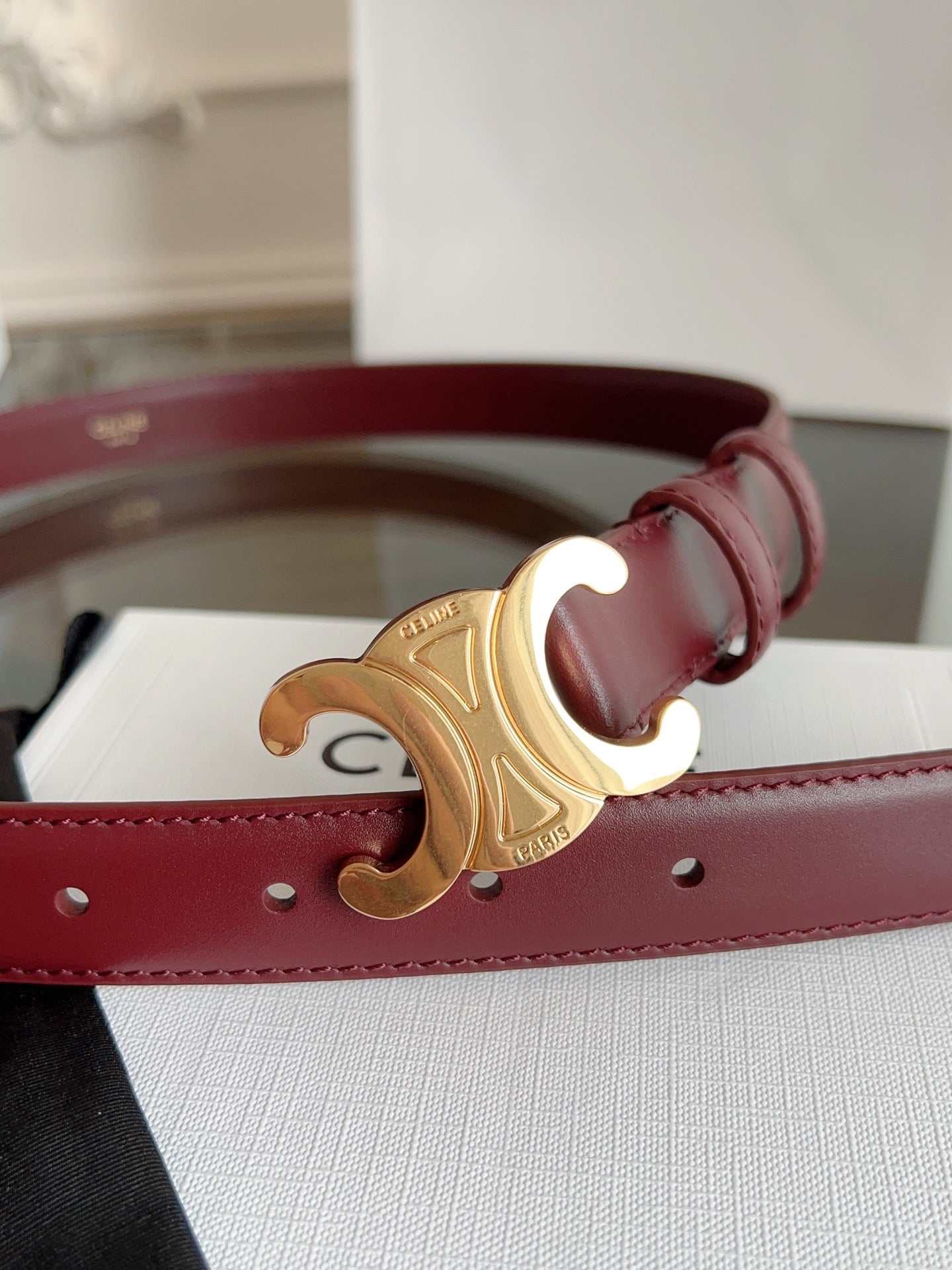 CELINE TRIOMPHE BELT 24MM IN WINE RED CALFSKIN WITH GOLD BUCKLE