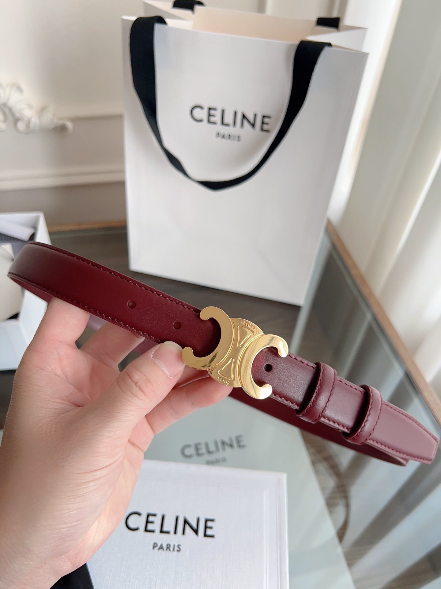 CELINE TRIOMPHE BELT 24MM IN WINE RED CALFSKIN WITH GOLD BUCKLE