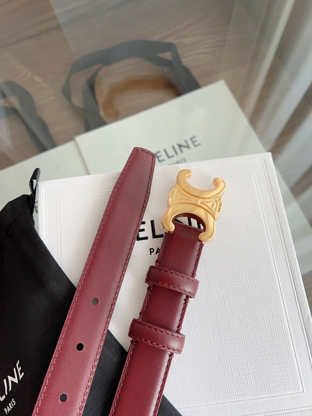 CELINE TRIOMPHE BELT 24MM IN WINE RED CALFSKIN WITH GOLD BUCKLE