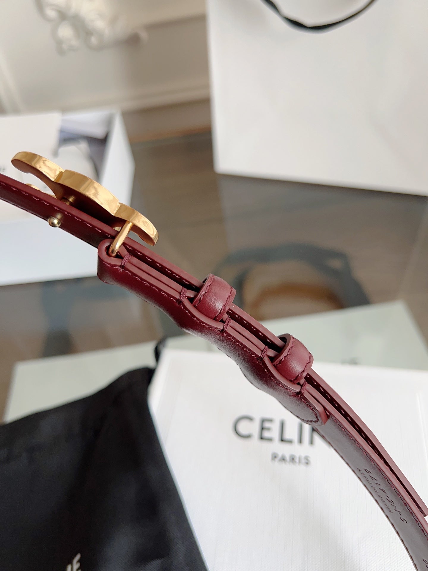 CELINE TRIOMPHE BELT 24MM IN WINE RED CALFSKIN WITH GOLD BUCKLE