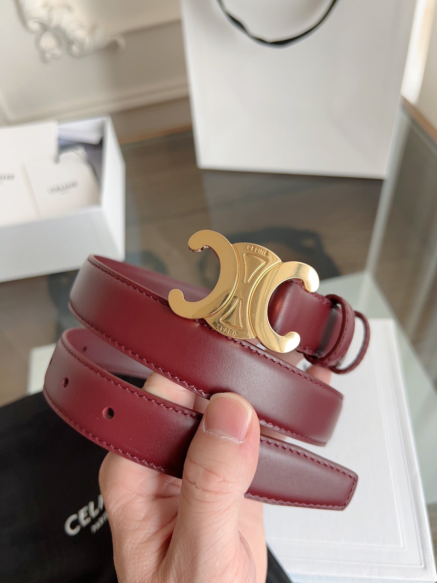 CELINE TRIOMPHE BELT 24MM IN WINE RED CALFSKIN WITH GOLD BUCKLE