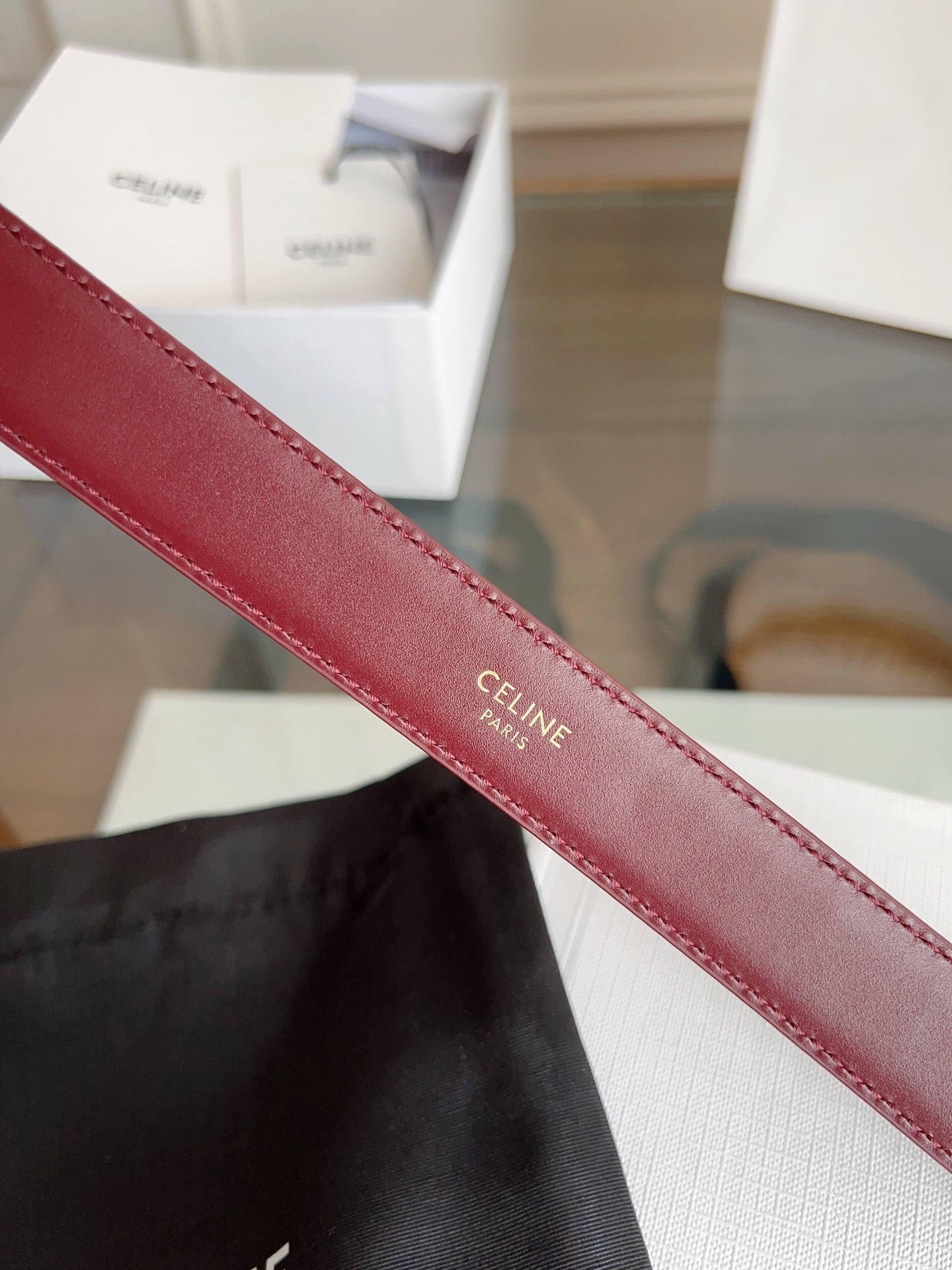 CELINE TRIOMPHE BELT 24MM IN WINE RED CALFSKIN WITH GOLD BUCKLE