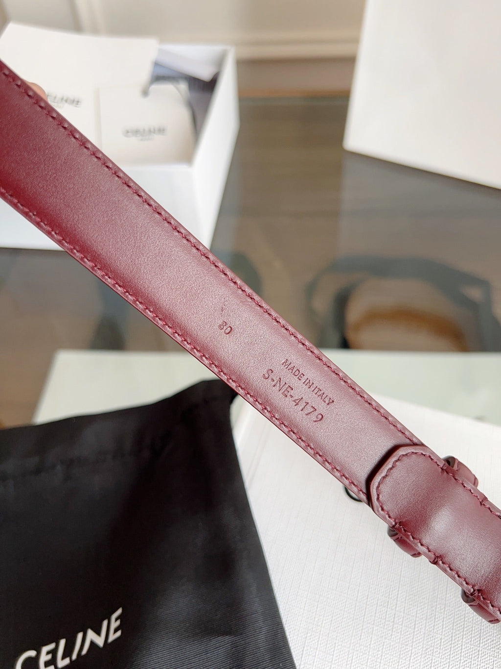 CELINE TRIOMPHE BELT 24MM IN WINE RED CALFSKIN WITH GOLD BUCKLE