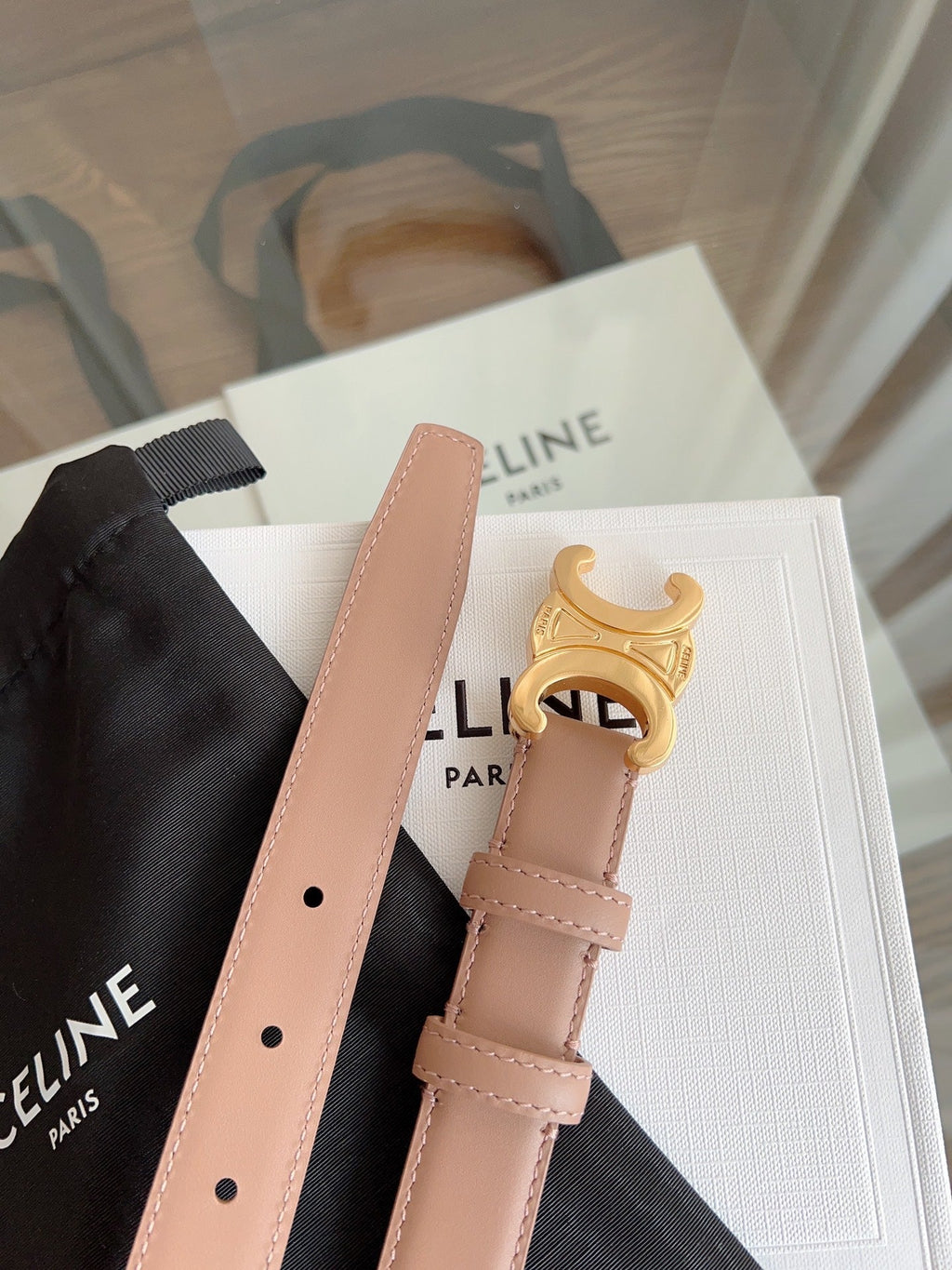 CELINE TRIOMPHE BELT 24MM IN BEAVER BROWN CALFSKIN WITH GOLD BUCKLE