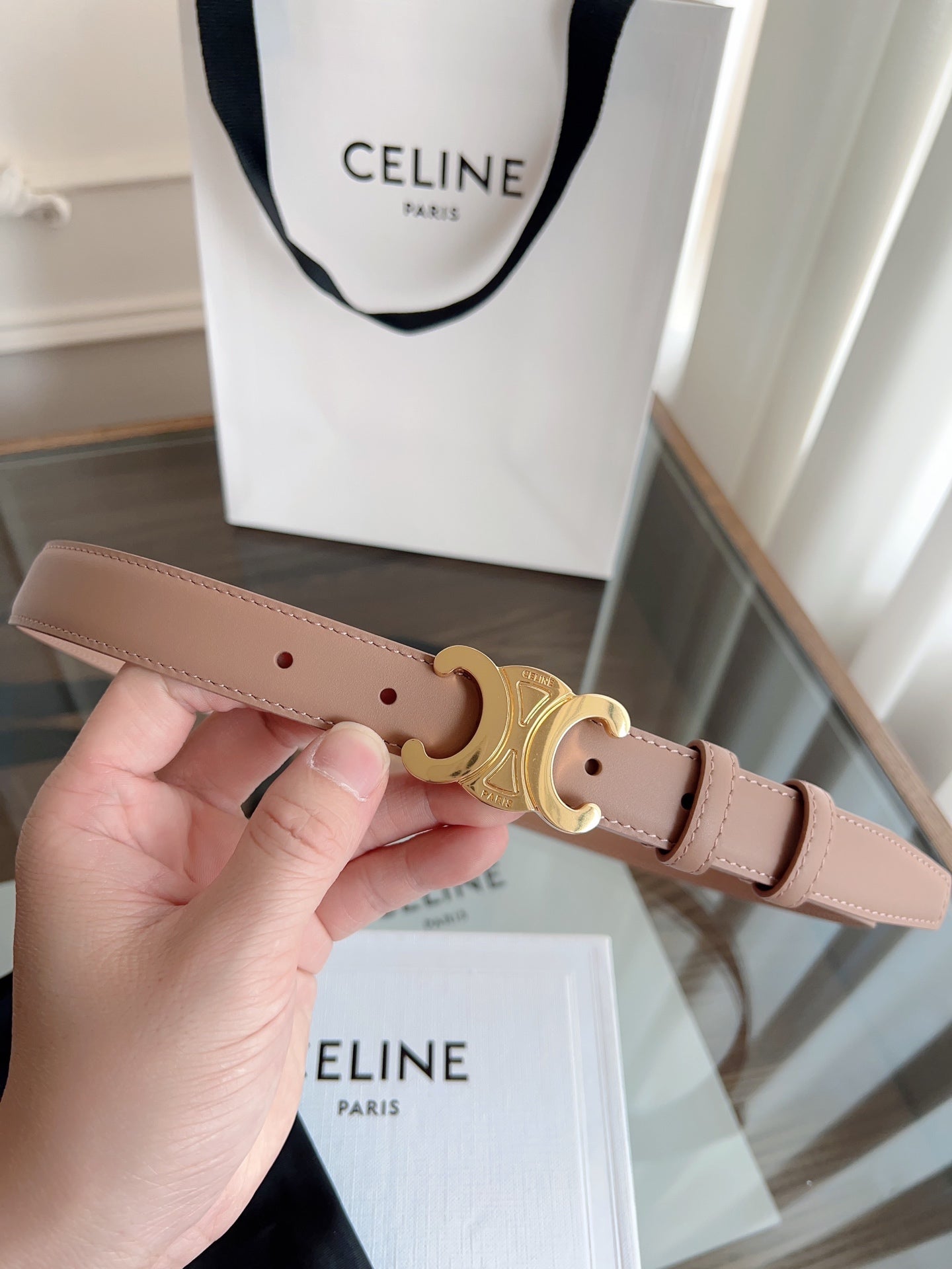 CELINE TRIOMPHE BELT 24MM IN BEAVER BROWN CALFSKIN WITH GOLD BUCKLE