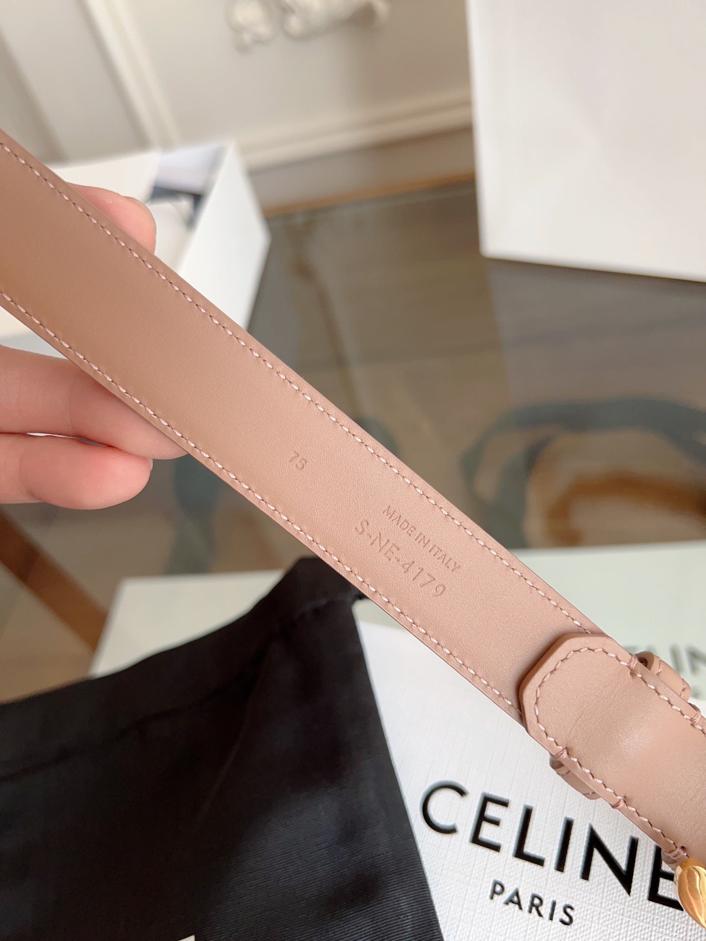 CELINE TRIOMPHE BELT 24MM IN BEAVER BROWN CALFSKIN WITH GOLD BUCKLE