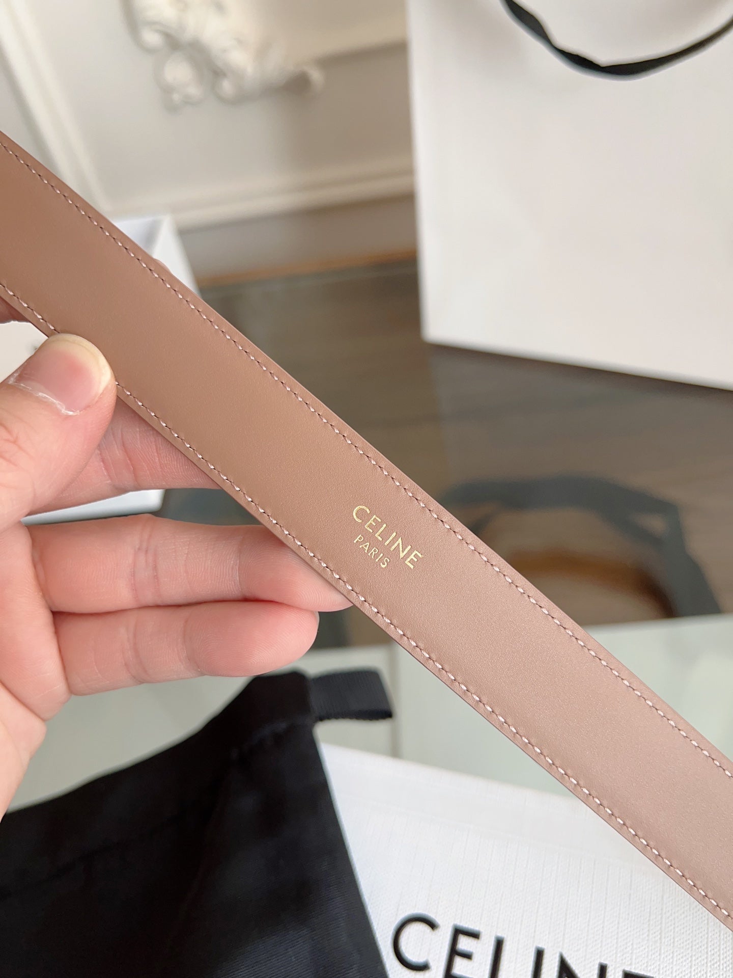 CELINE TRIOMPHE BELT 24MM IN BEAVER BROWN CALFSKIN WITH GOLD BUCKLE