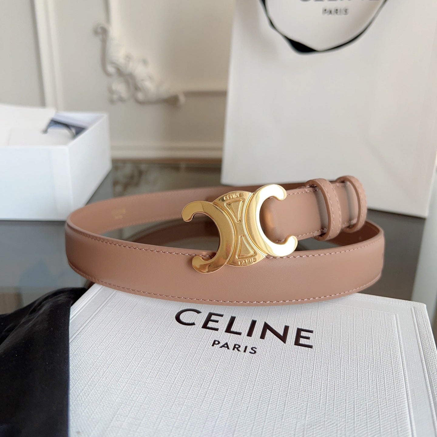 CELINE TRIOMPHE BELT 24MM IN BEAVER BROWN CALFSKIN WITH GOLD BUCKLE