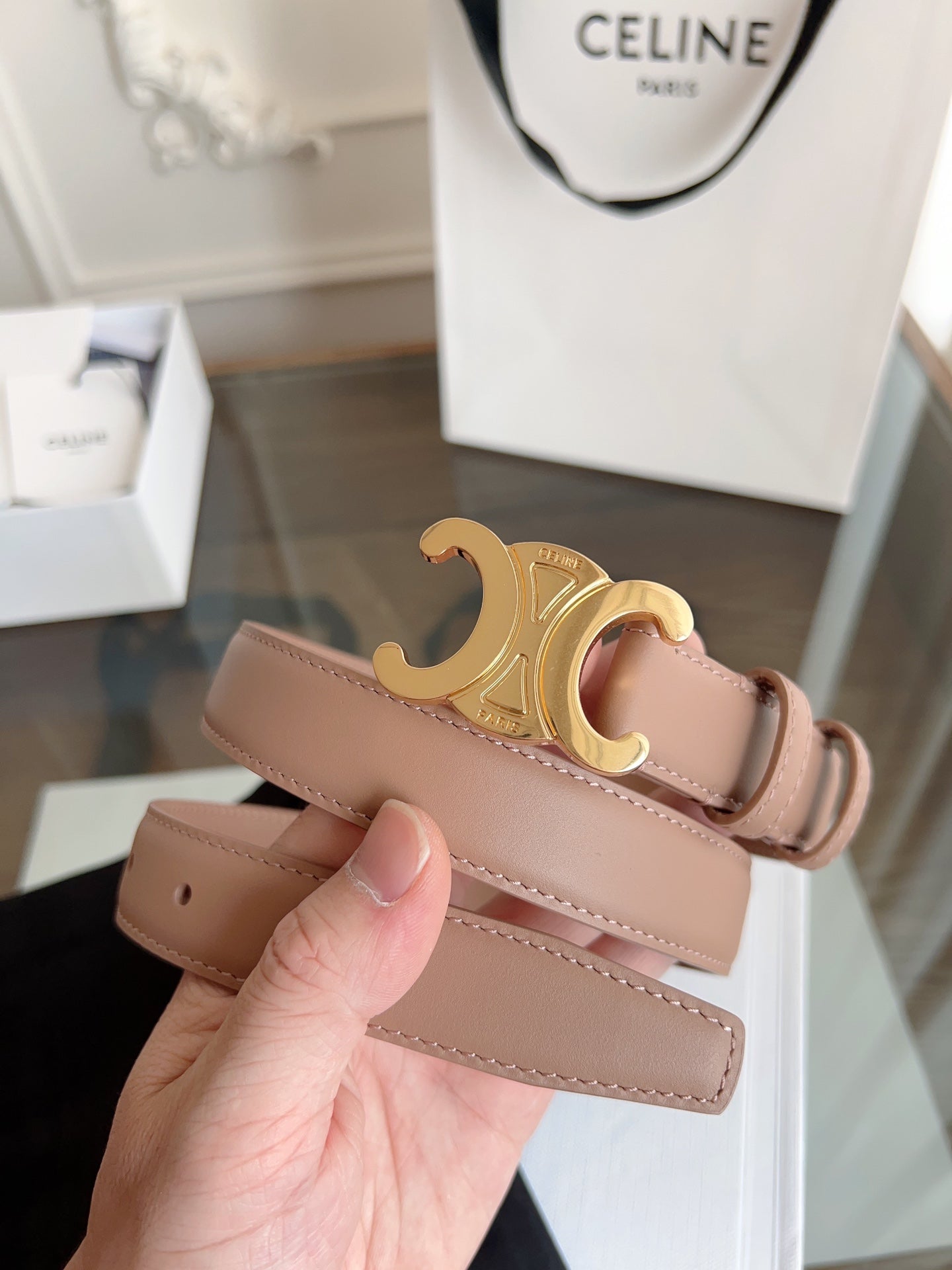 CELINE TRIOMPHE BELT 24MM IN BEAVER BROWN CALFSKIN WITH GOLD BUCKLE