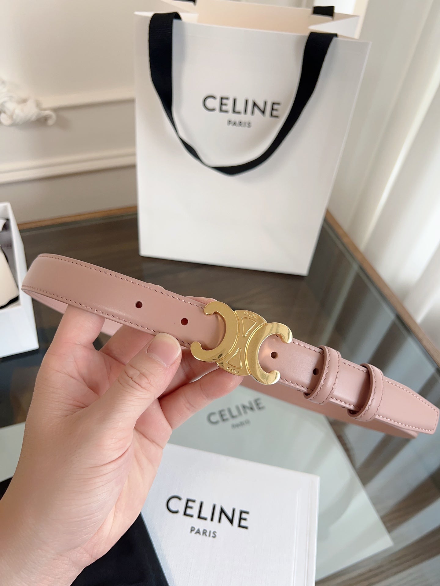 CELINE TRIOMPHE BELT 24MM IN TEA ROSE CALFSKIN WITH GOLD BUCKLE