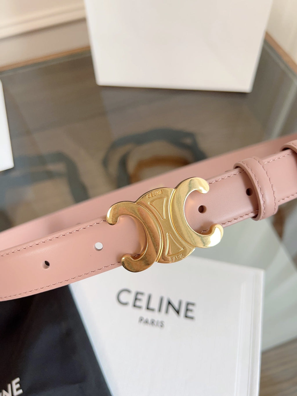 CELINE TRIOMPHE BELT 24MM IN TEA ROSE CALFSKIN WITH GOLD BUCKLE