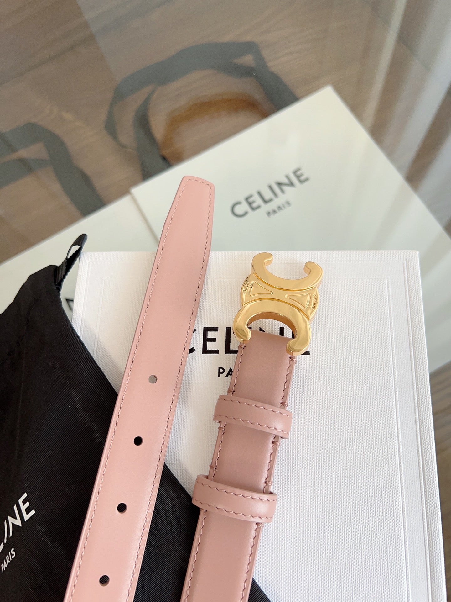 CELINE TRIOMPHE BELT 24MM IN TEA ROSE CALFSKIN WITH GOLD BUCKLE