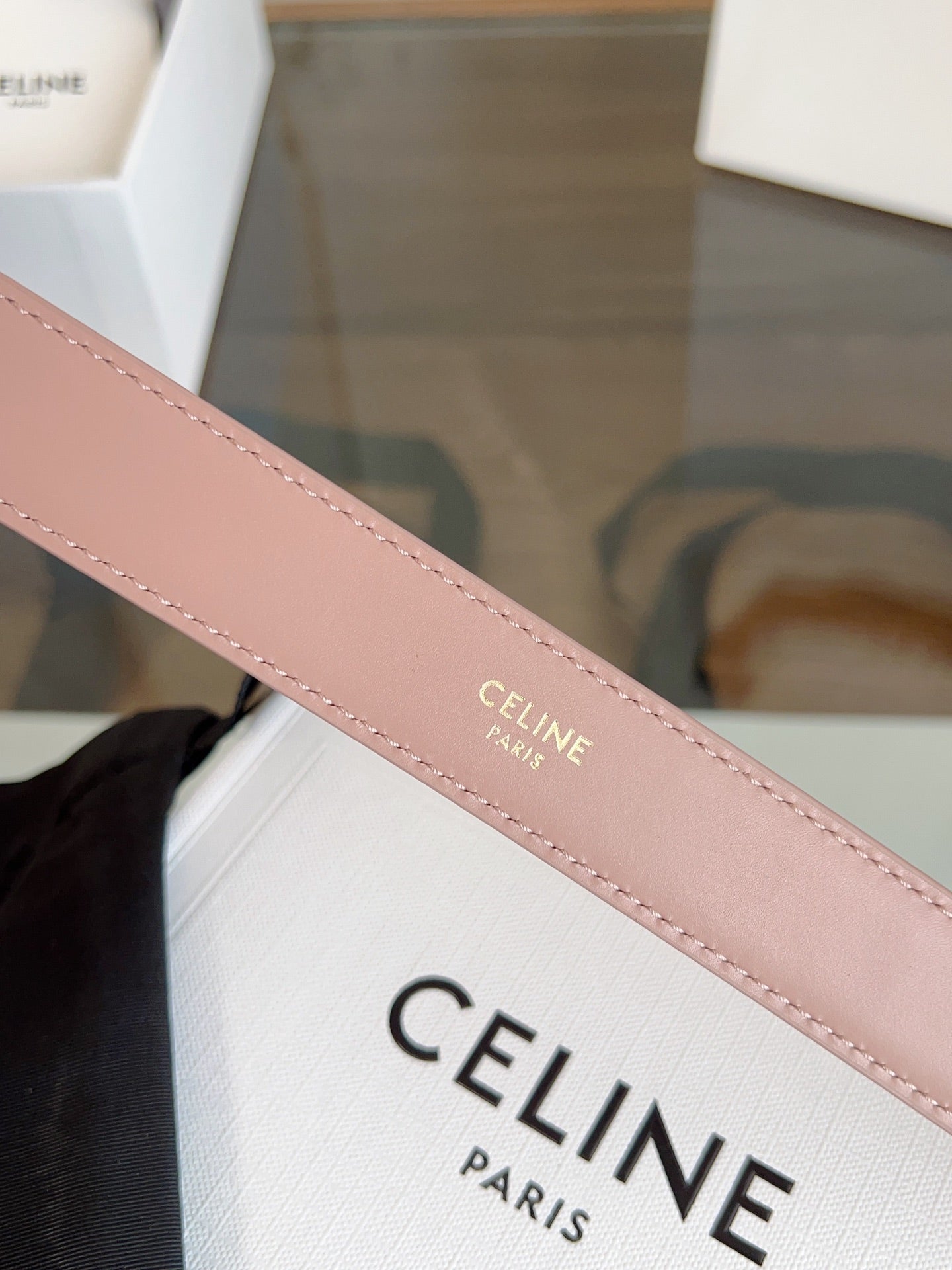 CELINE TRIOMPHE BELT 24MM IN TEA ROSE CALFSKIN WITH GOLD BUCKLE