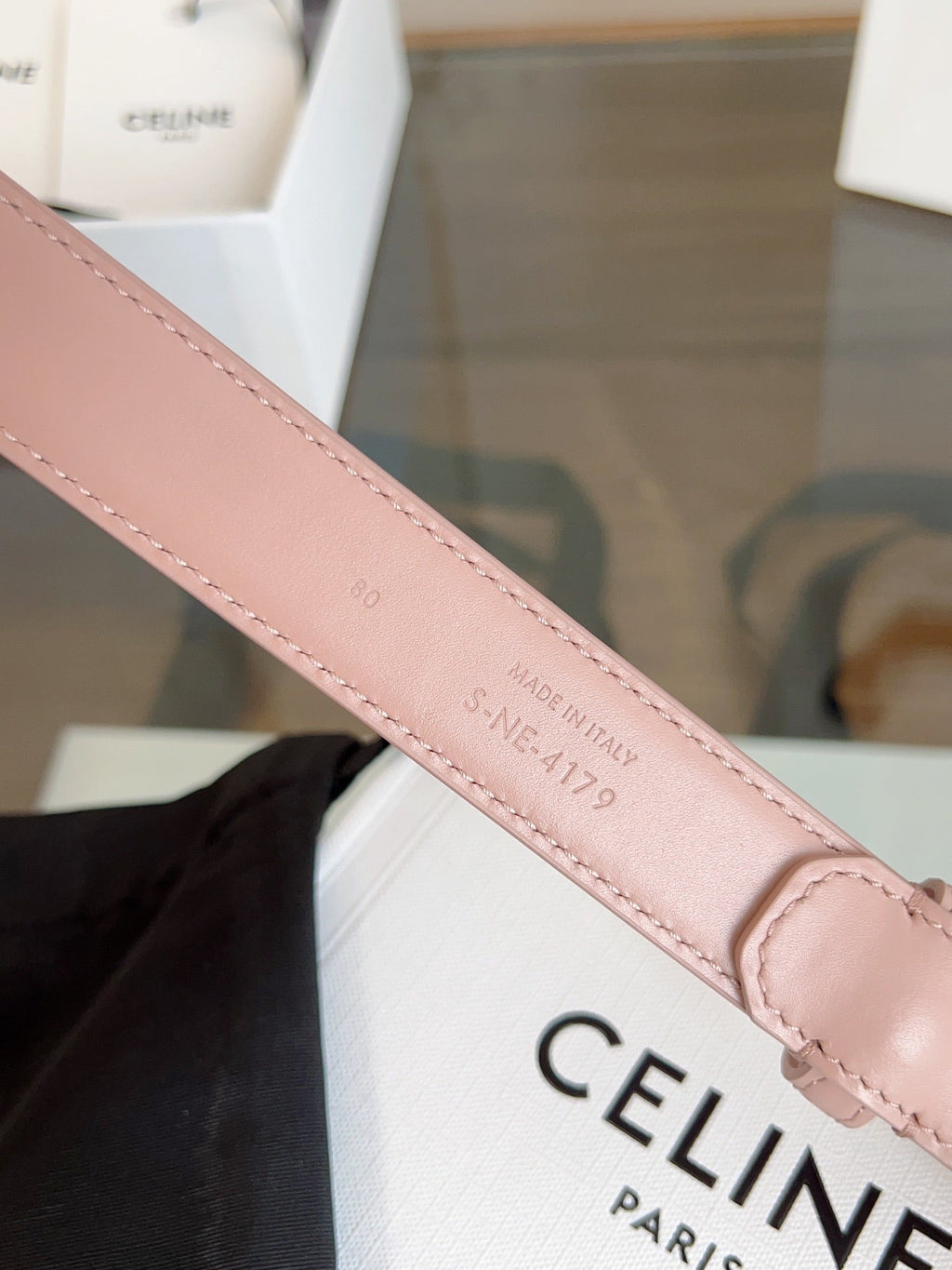 CELINE TRIOMPHE BELT 24MM IN TEA ROSE CALFSKIN WITH GOLD BUCKLE