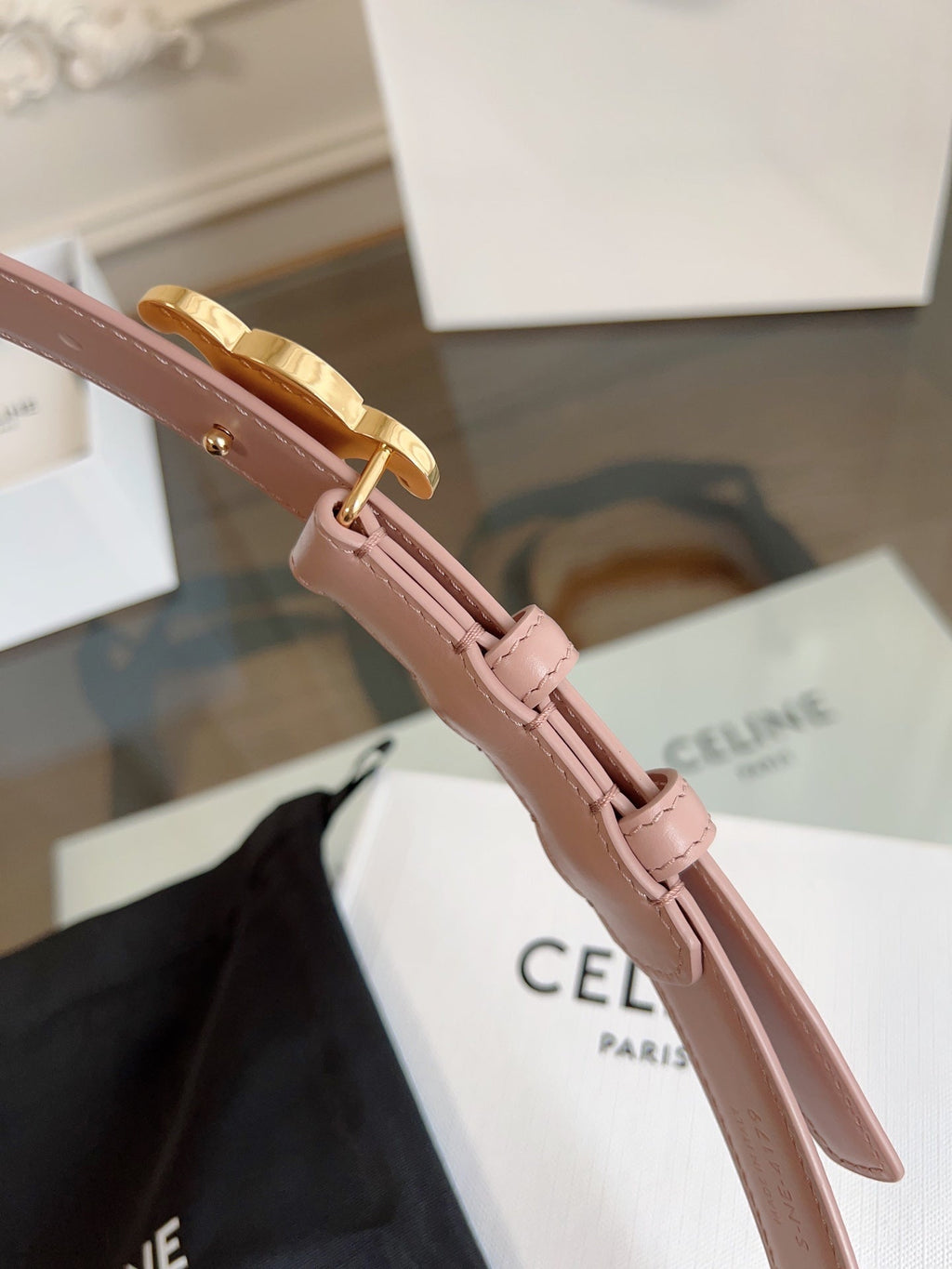 CELINE TRIOMPHE BELT 24MM IN TEA ROSE CALFSKIN WITH GOLD BUCKLE