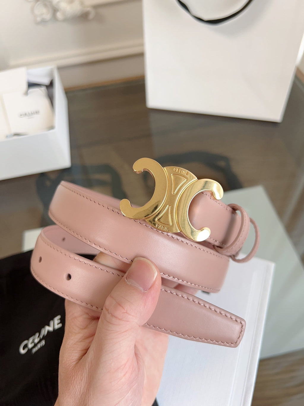 CELINE TRIOMPHE BELT 24MM IN TEA ROSE CALFSKIN WITH GOLD BUCKLE