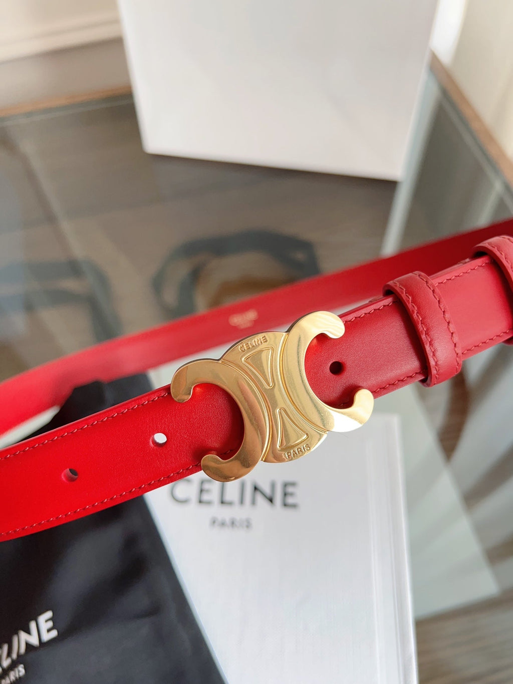 CELINE TRIOMPHE BELT 24MM IN RED CALFSKIN WITH GOLD BUCKLE