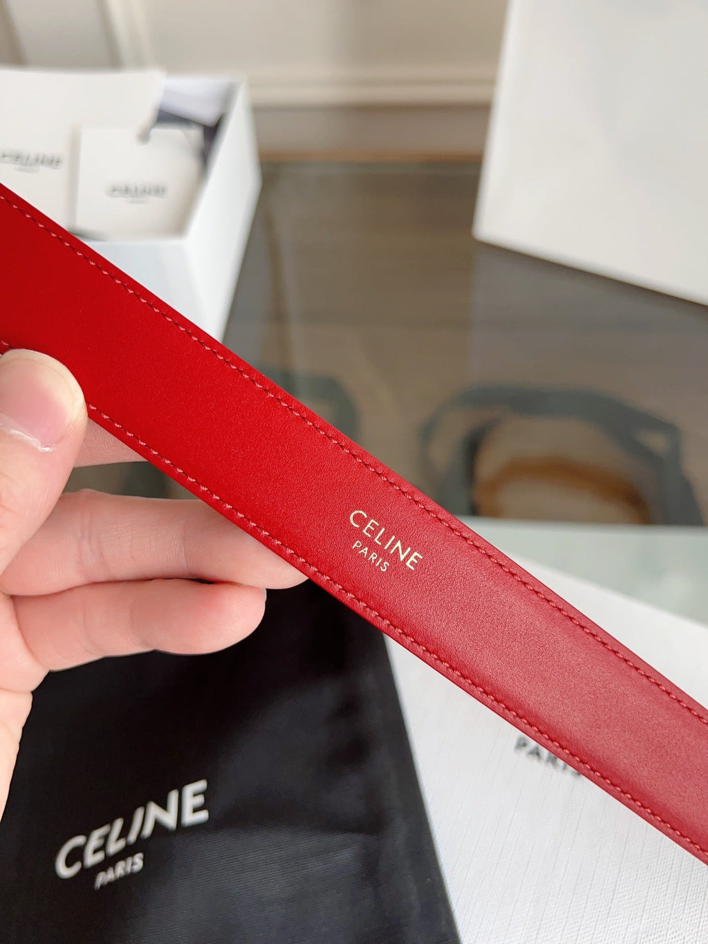 CELINE TRIOMPHE BELT 24MM IN RED CALFSKIN WITH GOLD BUCKLE