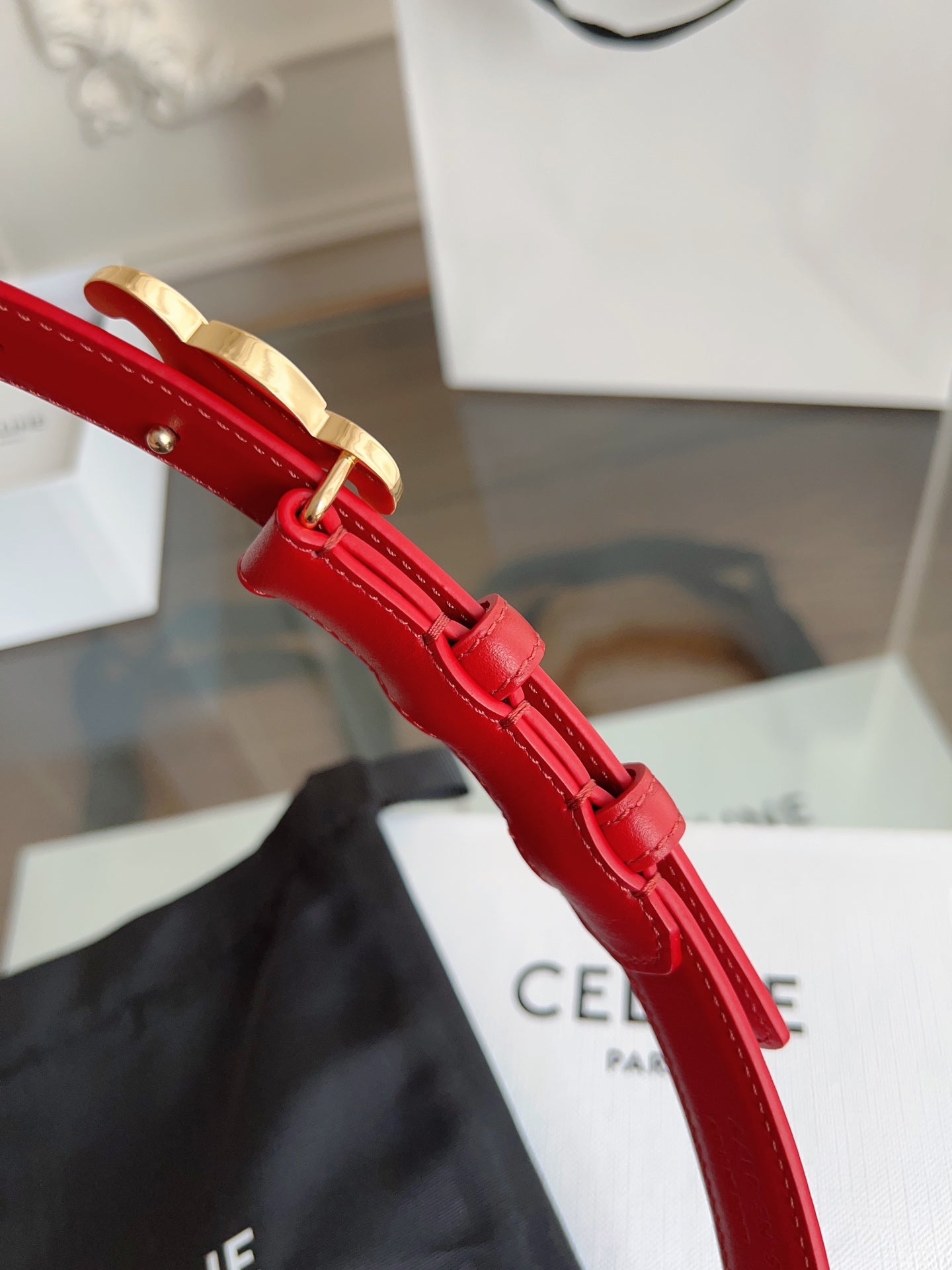 CELINE TRIOMPHE BELT 24MM IN RED CALFSKIN WITH GOLD BUCKLE