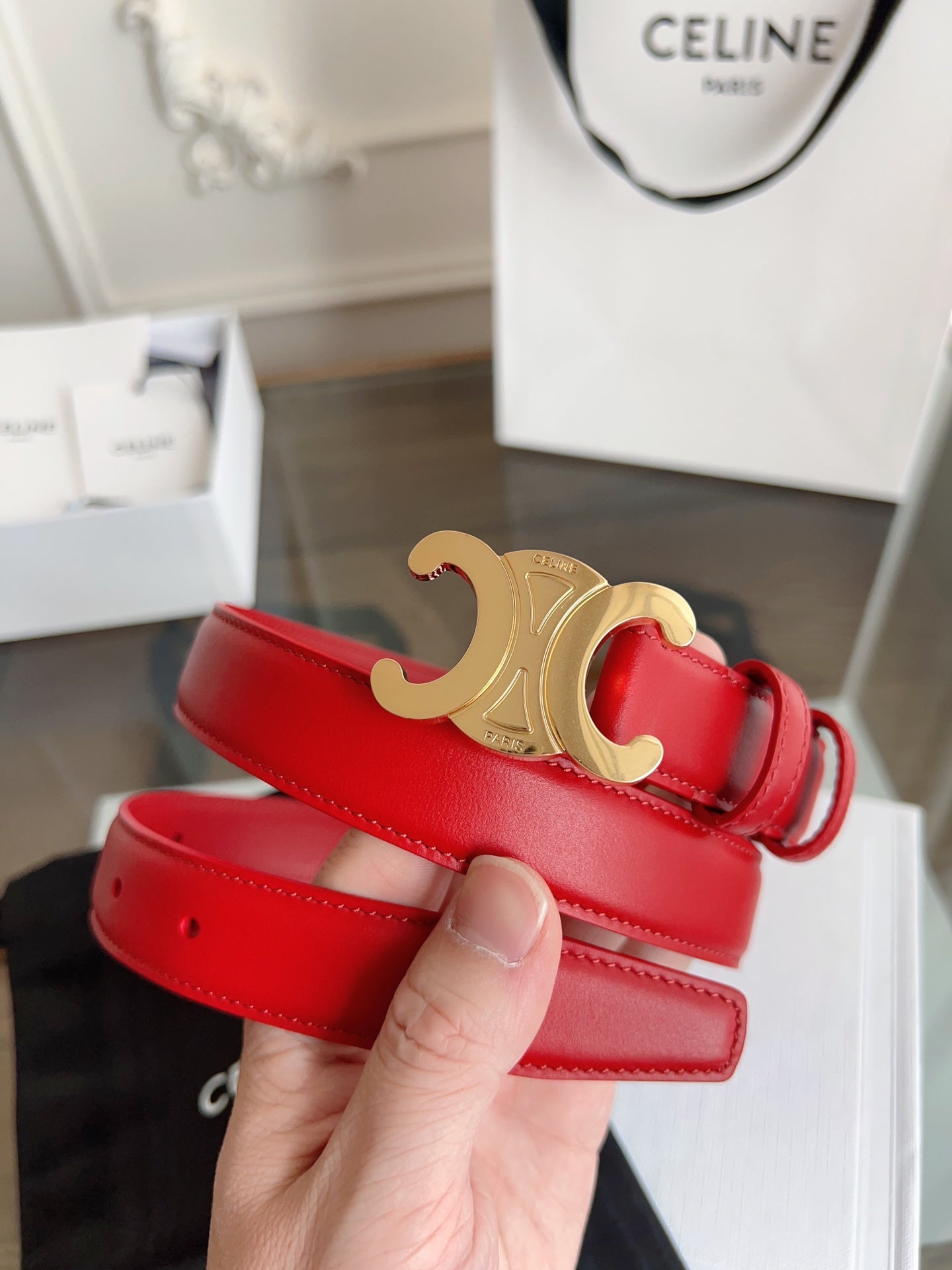 CELINE TRIOMPHE BELT 24MM IN RED CALFSKIN WITH GOLD BUCKLE
