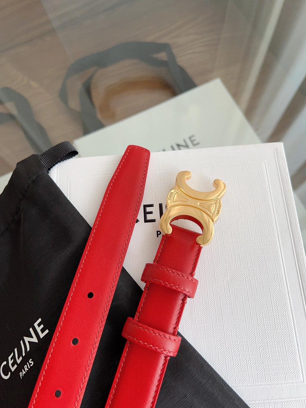 CELINE TRIOMPHE BELT 24MM IN RED CALFSKIN WITH GOLD BUCKLE