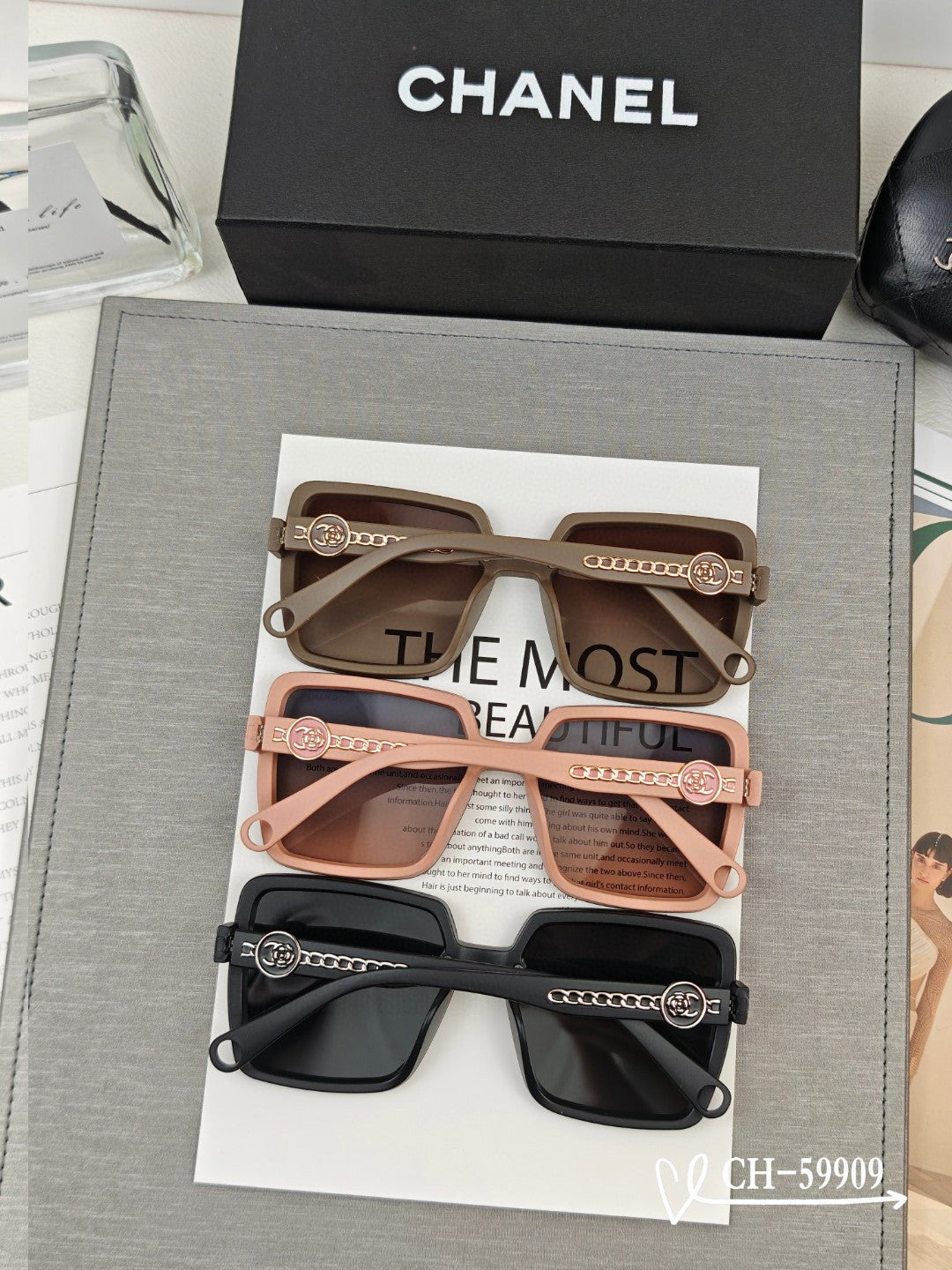 CHANEL SQUARE SUNGLASSES 59909 IN BLACK TR FRAME WITH RESIN LENSES