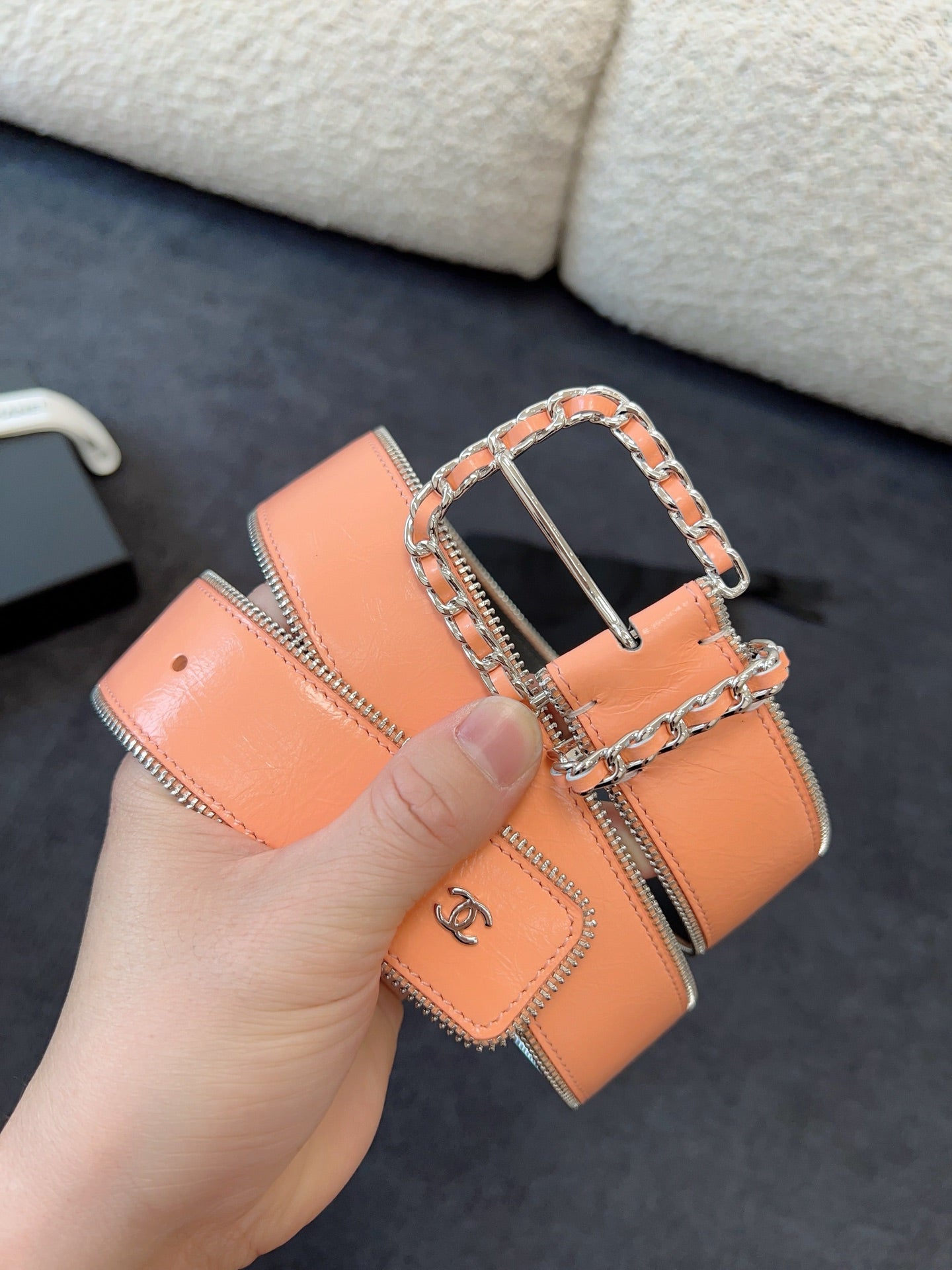 CHANEL BELT 40MM IN CORAL CALFSKIN WITH INTERWOVEN CHAIN BUCKLE ZIPPER IN TRIM SILVER HARDWARE