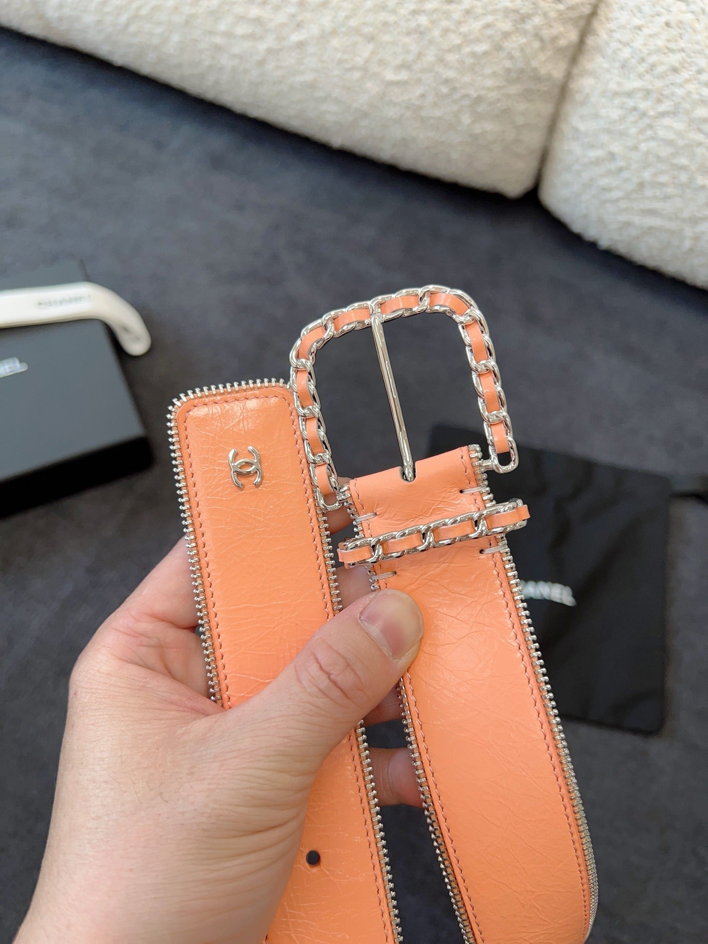 CHANEL BELT 40MM IN CORAL CALFSKIN WITH INTERWOVEN CHAIN BUCKLE ZIPPER IN TRIM SILVER HARDWARE