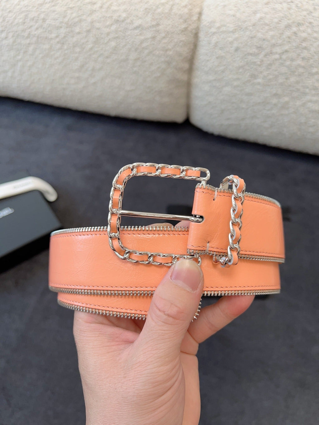 CHANEL BELT 40MM IN CORAL CALFSKIN WITH INTERWOVEN CHAIN BUCKLE ZIPPER IN TRIM SILVER HARDWARE