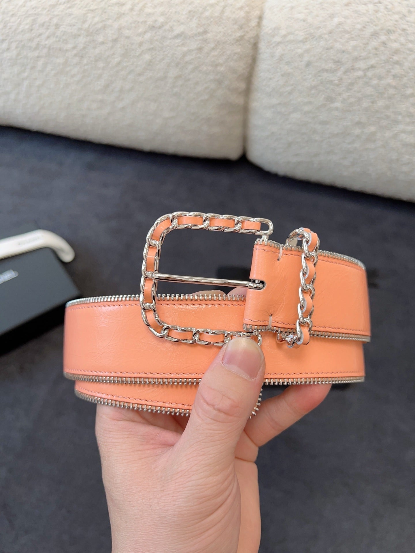 CHANEL BELT 40MM IN CORAL CALFSKIN WITH INTERWOVEN CHAIN BUCKLE ZIPPER IN TRIM SILVER HARDWARE