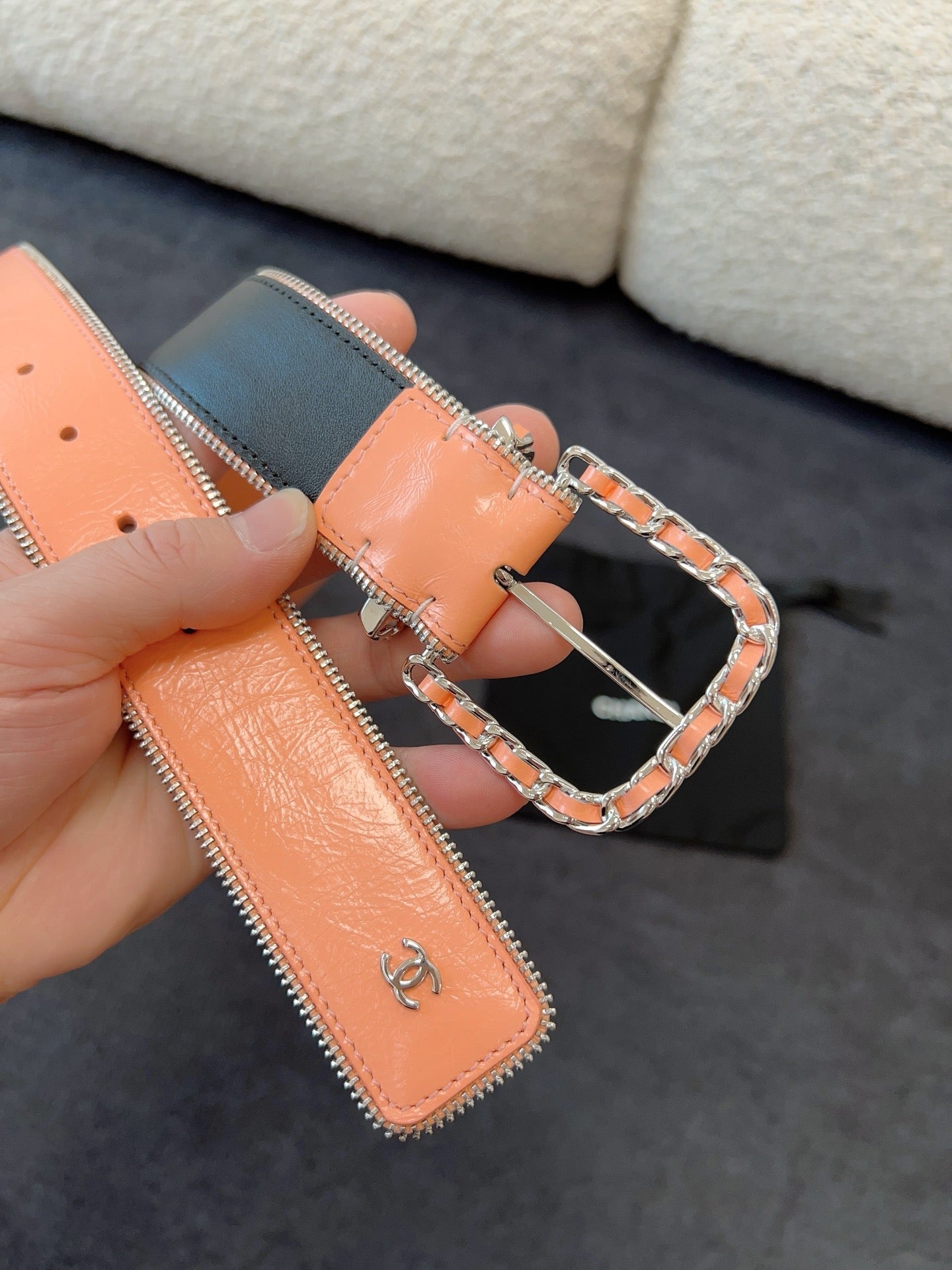 CHANEL BELT 40MM IN CORAL CALFSKIN WITH INTERWOVEN CHAIN BUCKLE ZIPPER IN TRIM SILVER HARDWARE