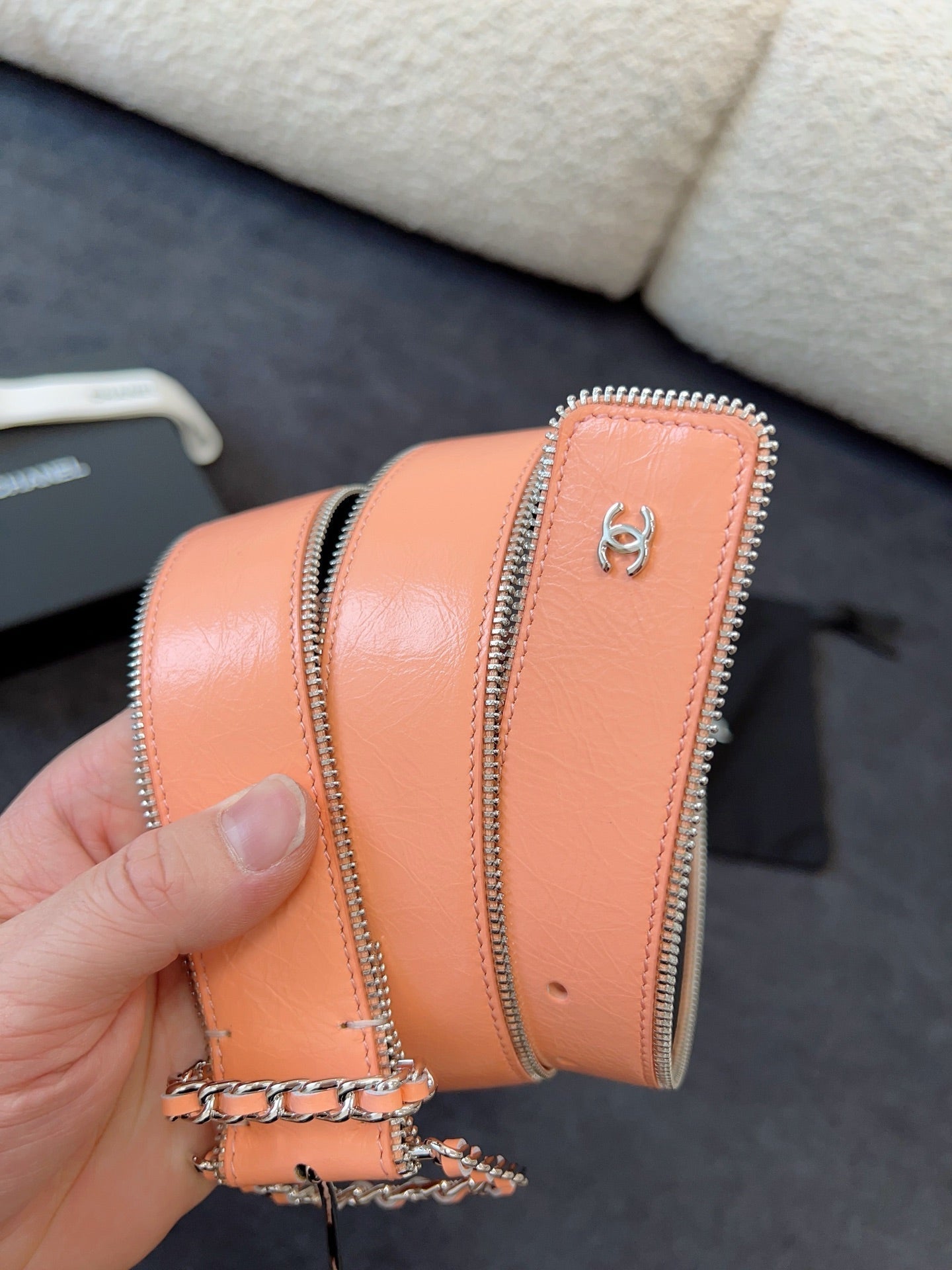 CHANEL BELT 40MM IN CORAL CALFSKIN WITH INTERWOVEN CHAIN BUCKLE ZIPPER IN TRIM SILVER HARDWARE