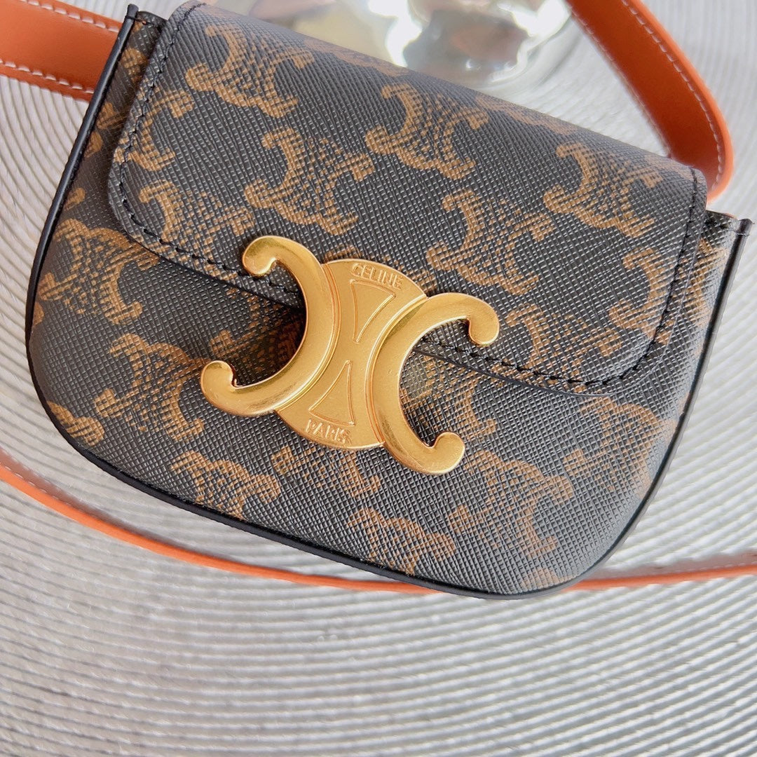 CELINE CL BELT MONOGRAM BROWN BAG TRIOMPHE 25 MM BELT TRIOMPHE ORANGE CALFSKIN