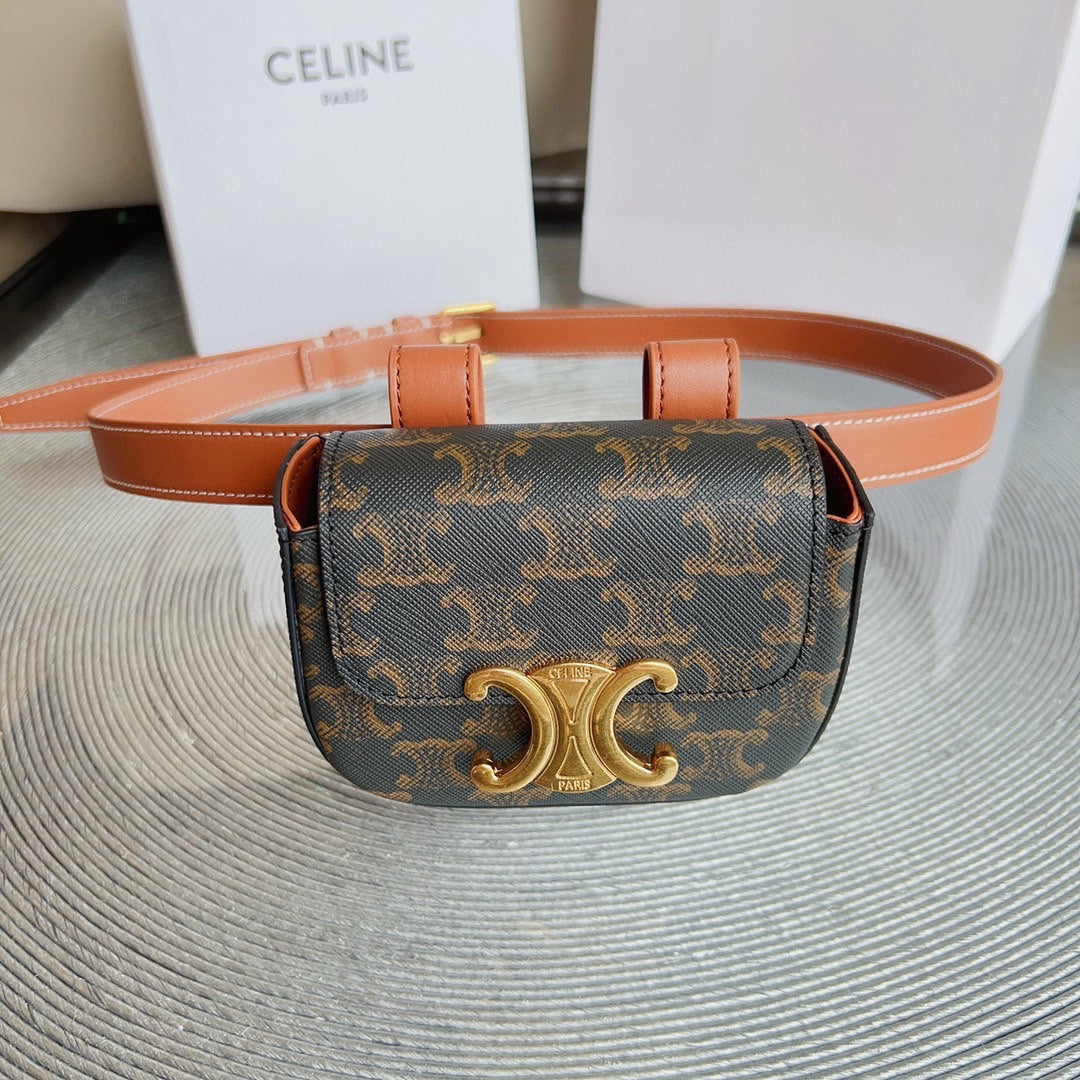 CELINE CL BELT MONOGRAM BROWN BAG TRIOMPHE 25 MM BELT TRIOMPHE ORANGE CALFSKIN
