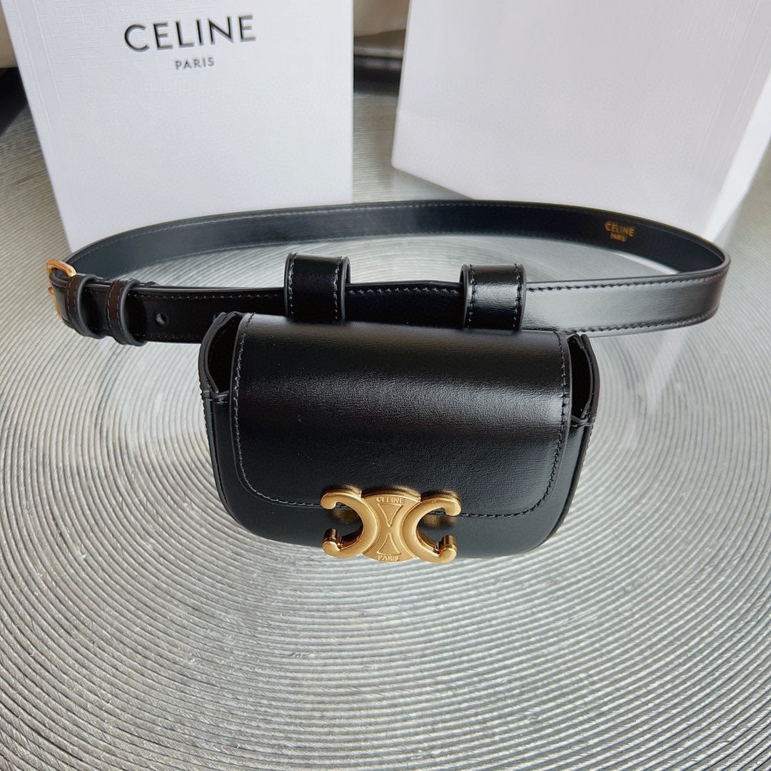 CELINE CL BELT BAG TRIOMPHE 25 MM BELT TRIOMPHE BLACK CALFSKIN GOLD HARDWARE