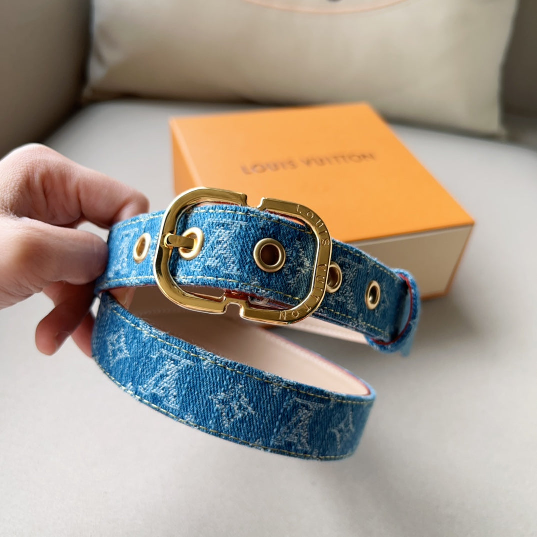 LOUIS VUITTON LV  30MM BELT LIGHT BLUE MONOGRAM DENIM GOLD HARDWARE