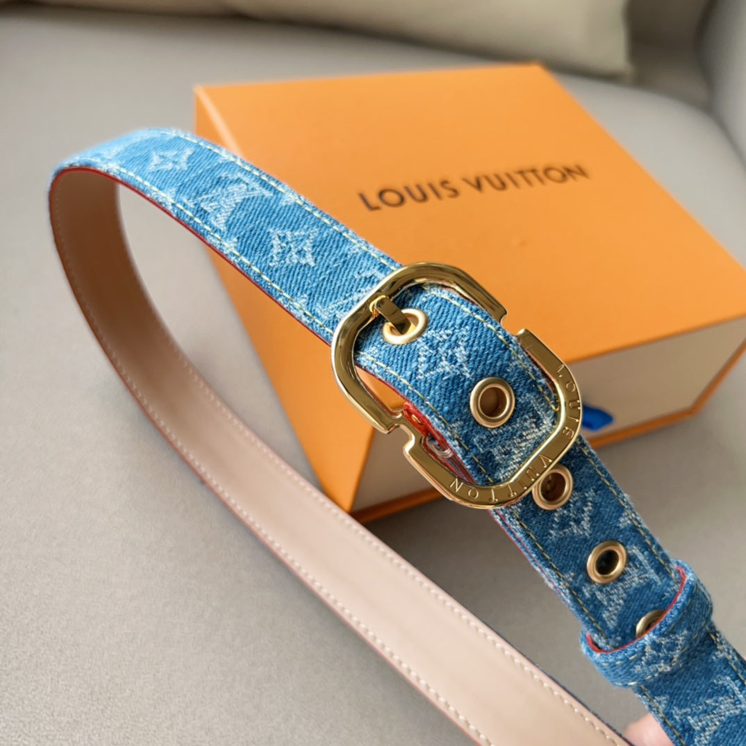 LOUIS VUITTON LV  30MM BELT LIGHT BLUE MONOGRAM DENIM GOLD HARDWARE