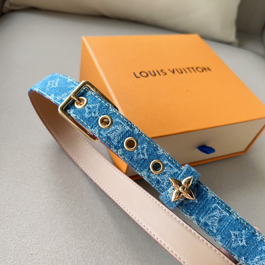 LOUIS VUITTON LV FLOWERGRAM ARDILLON 30MM BELT LIGHT BLUE MONOGRAM DENIM GOLD HARDWARE